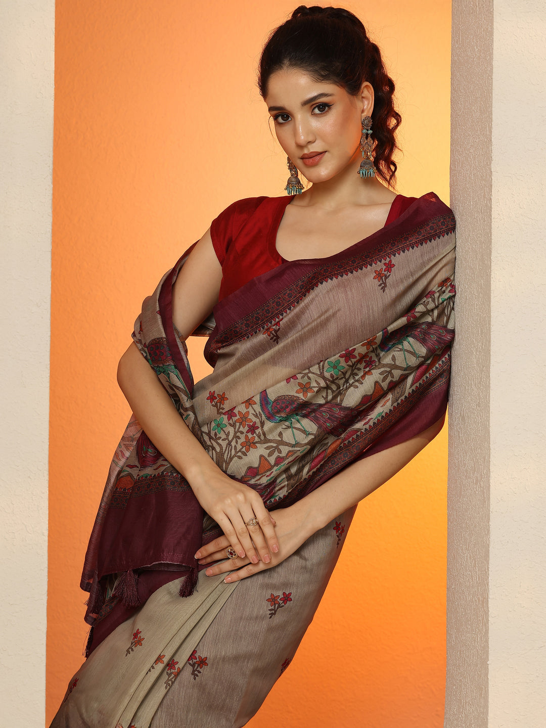  Beige Printed Silk Blend Saree With Unstitched Blouse Piece 