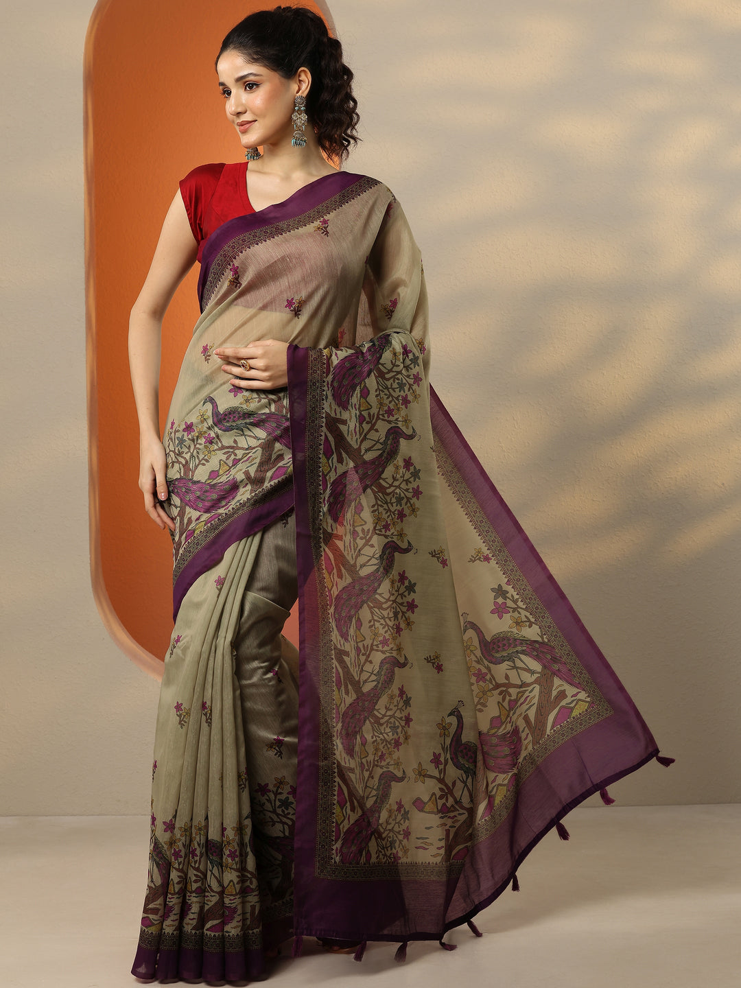  Beige Printed Silk Blend Saree With Unstitched Blouse Piece 