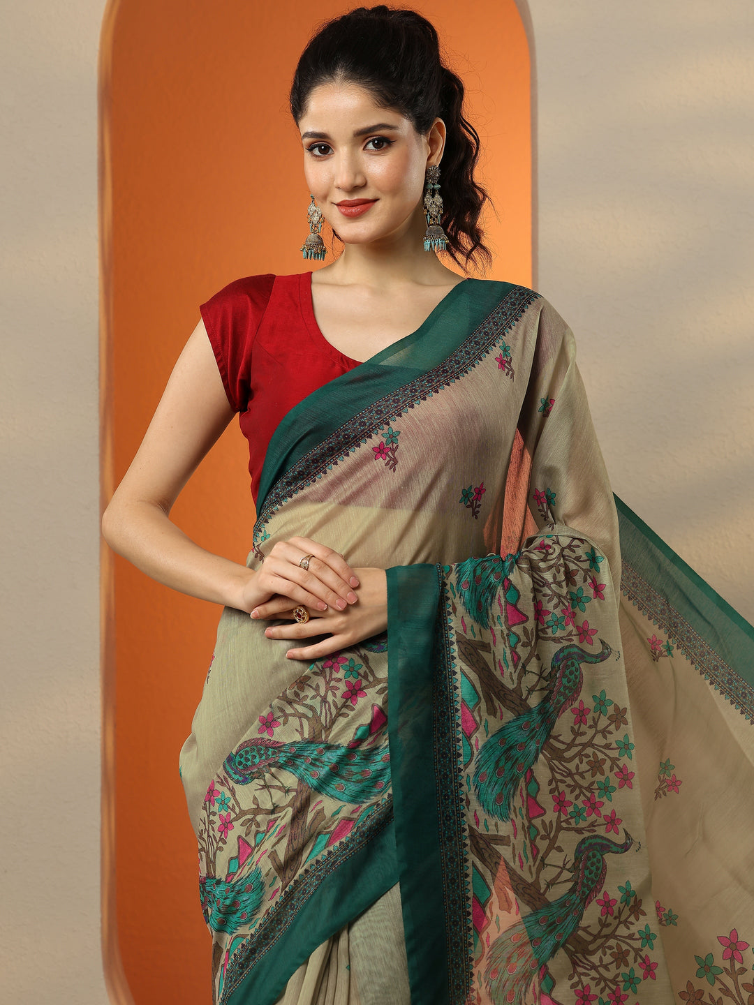  Beige Printed Silk Blend Saree With Unstitched Blouse Piece 