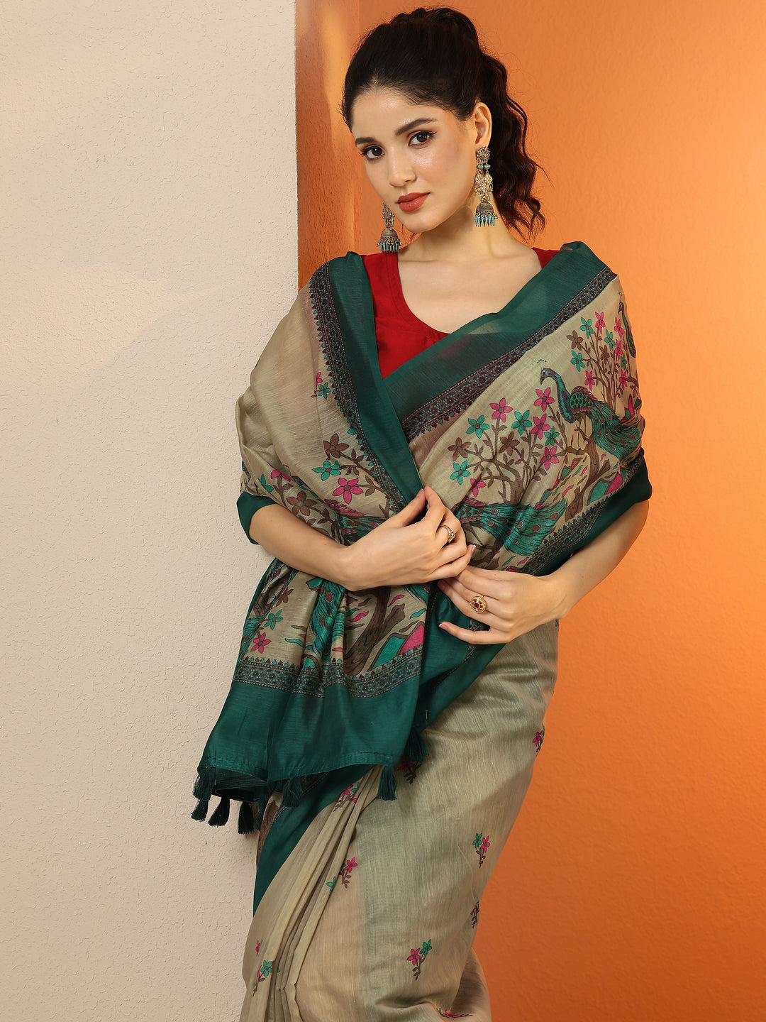  Beige Printed Silk Blend Saree With Unstitched Blouse Piece 