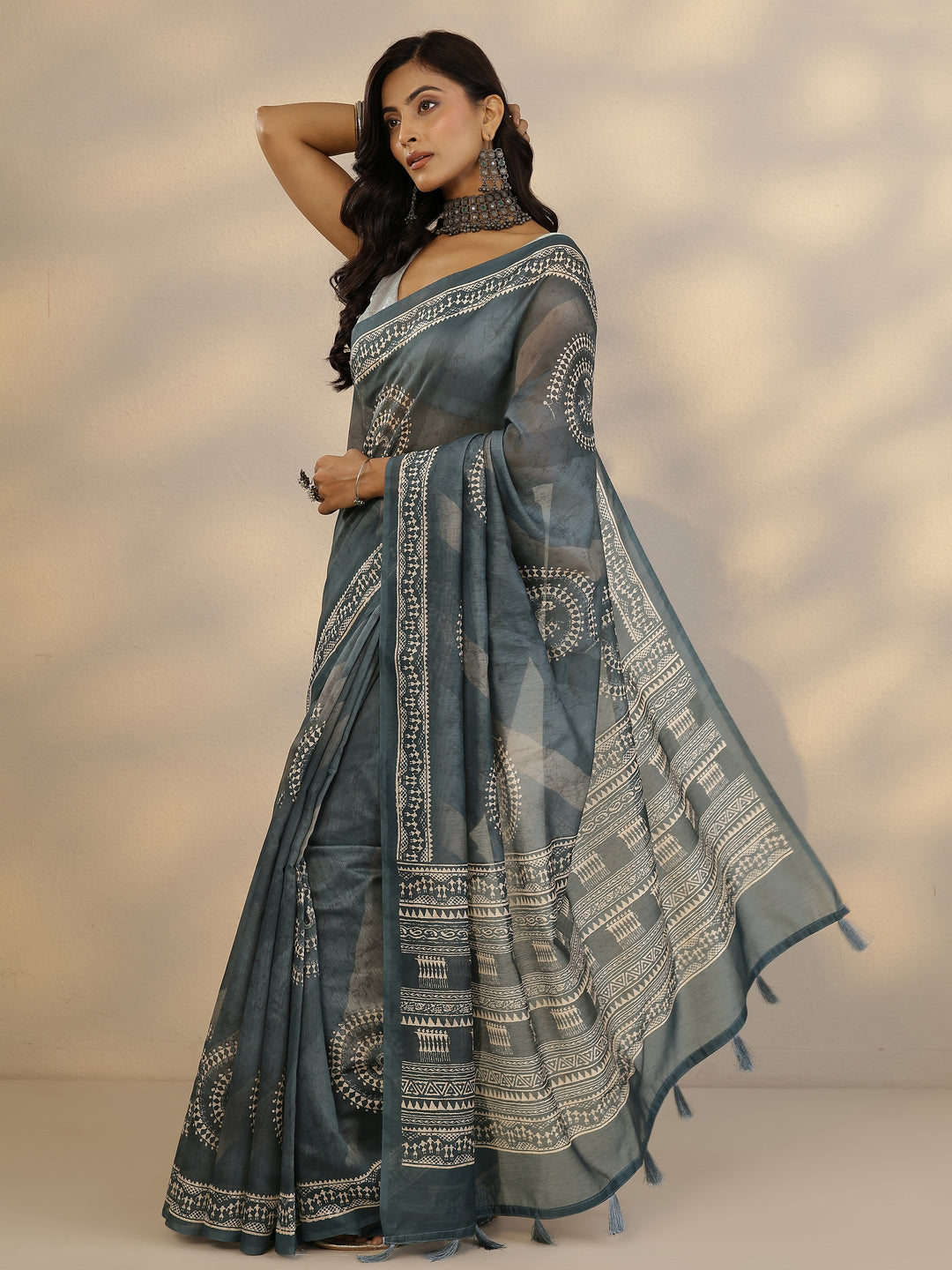  Blue Printed Silk Blend Saree With Unstitched Blouse Picece 