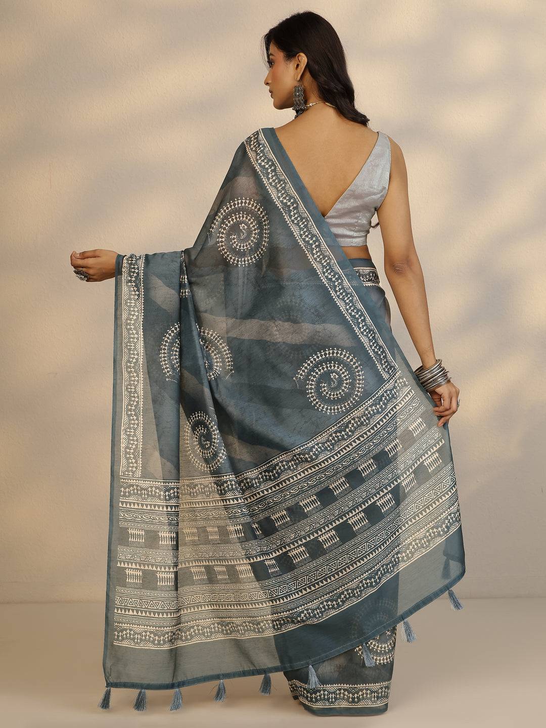  Blue Printed Silk Blend Saree With Unstitched Blouse Picece 