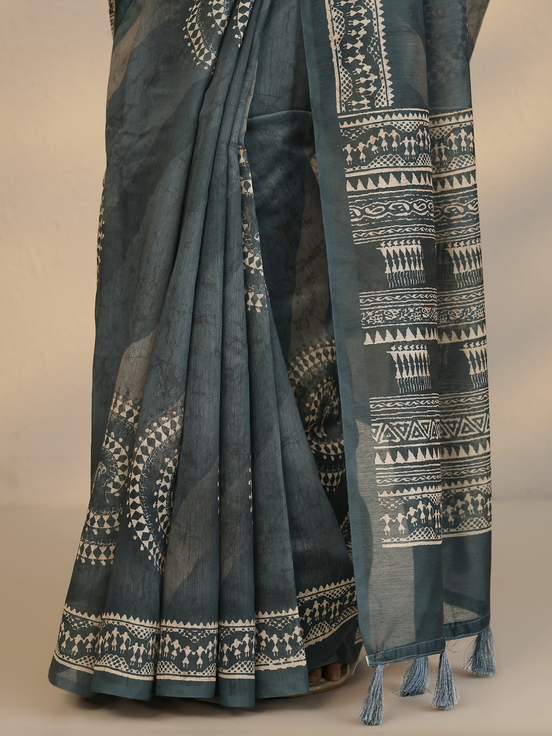  Blue Printed Silk Blend Saree With Unstitched Blouse Picece 