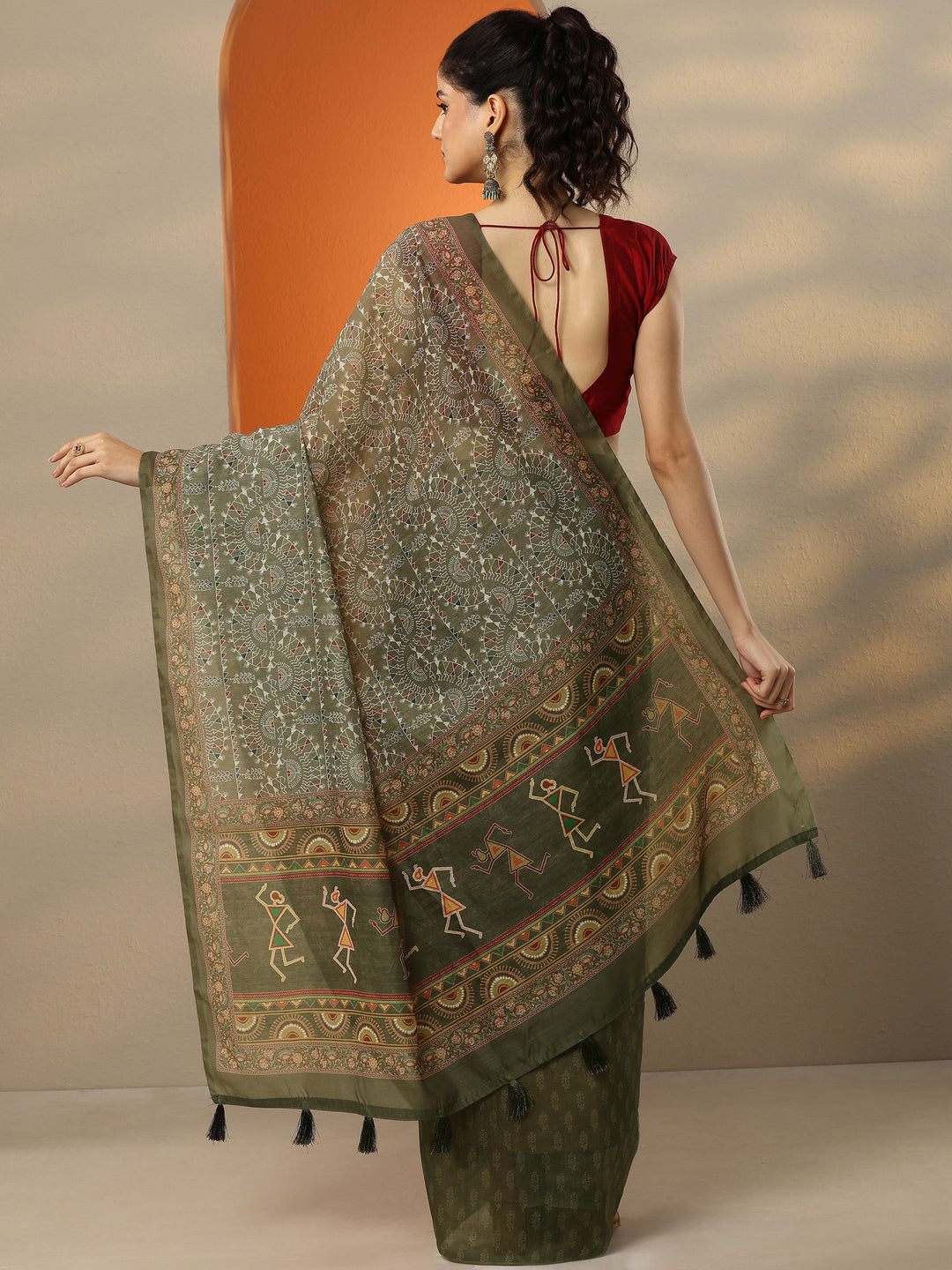  Green Printed Silk Blend Saree With Unstitched Blouse Piece 