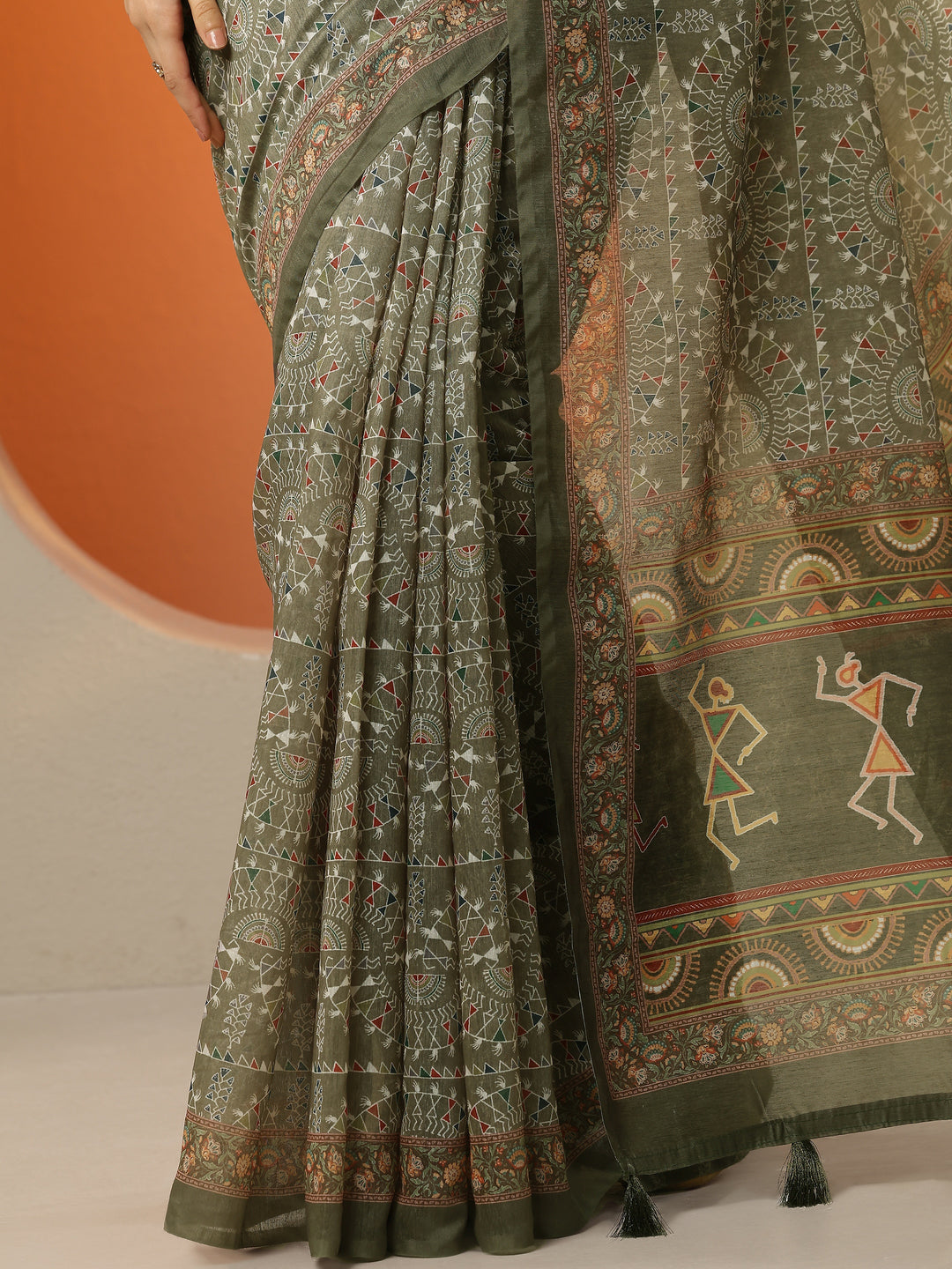  Green Printed Silk Blend Saree With Unstitched Blouse Piece 