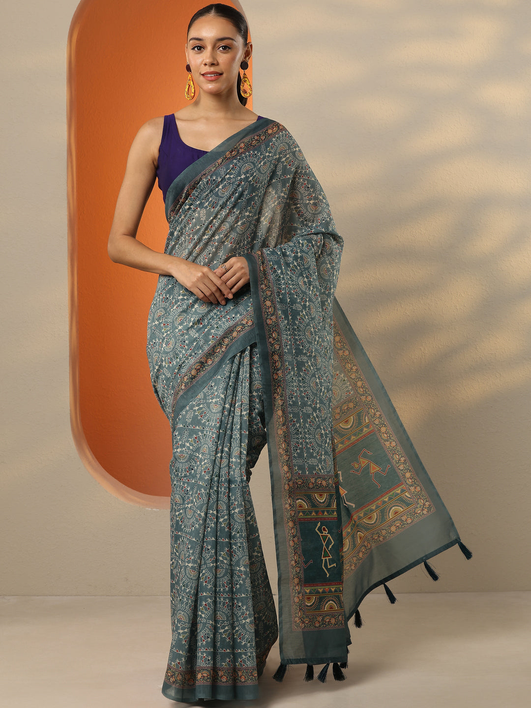  Blue Printed Silk Blend Saree With Unstitched Blouse Piece 
