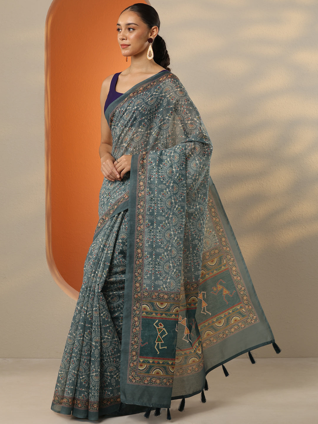  Blue Printed Silk Blend Saree With Unstitched Blouse Piece 