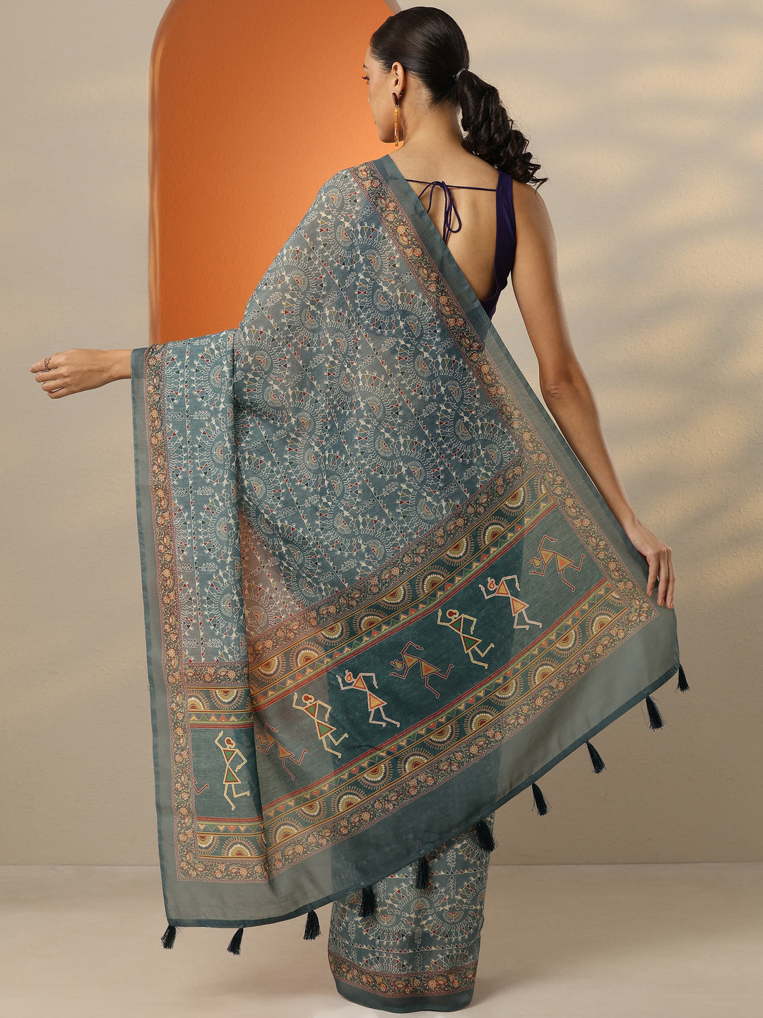  Blue Printed Silk Blend Saree With Unstitched Blouse Piece 