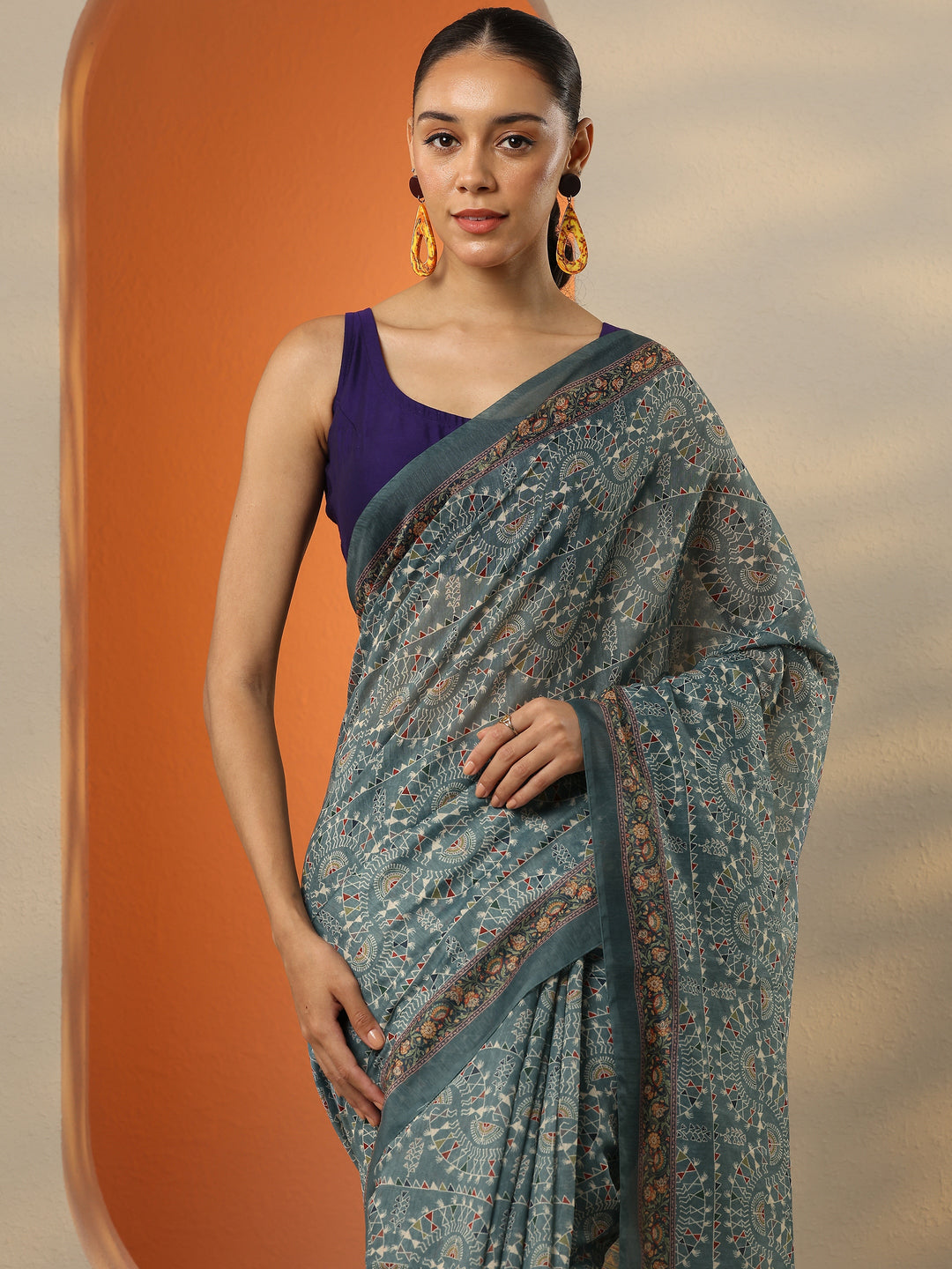  Blue Printed Silk Blend Saree With Unstitched Blouse Piece 