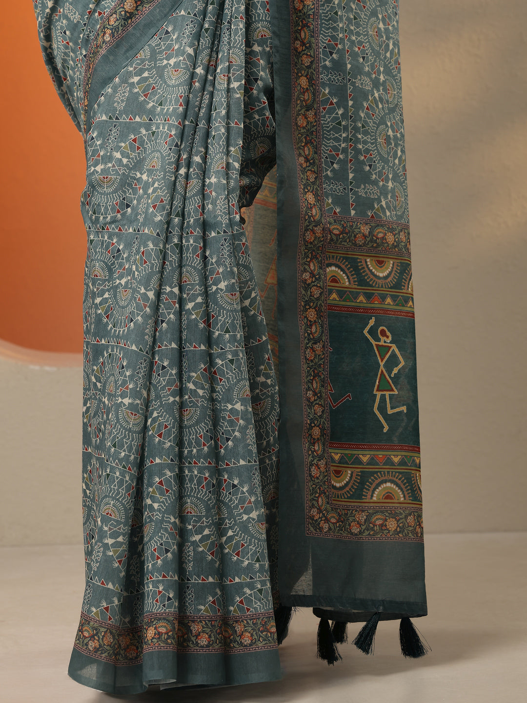  Blue Printed Silk Blend Saree With Unstitched Blouse Piece 
