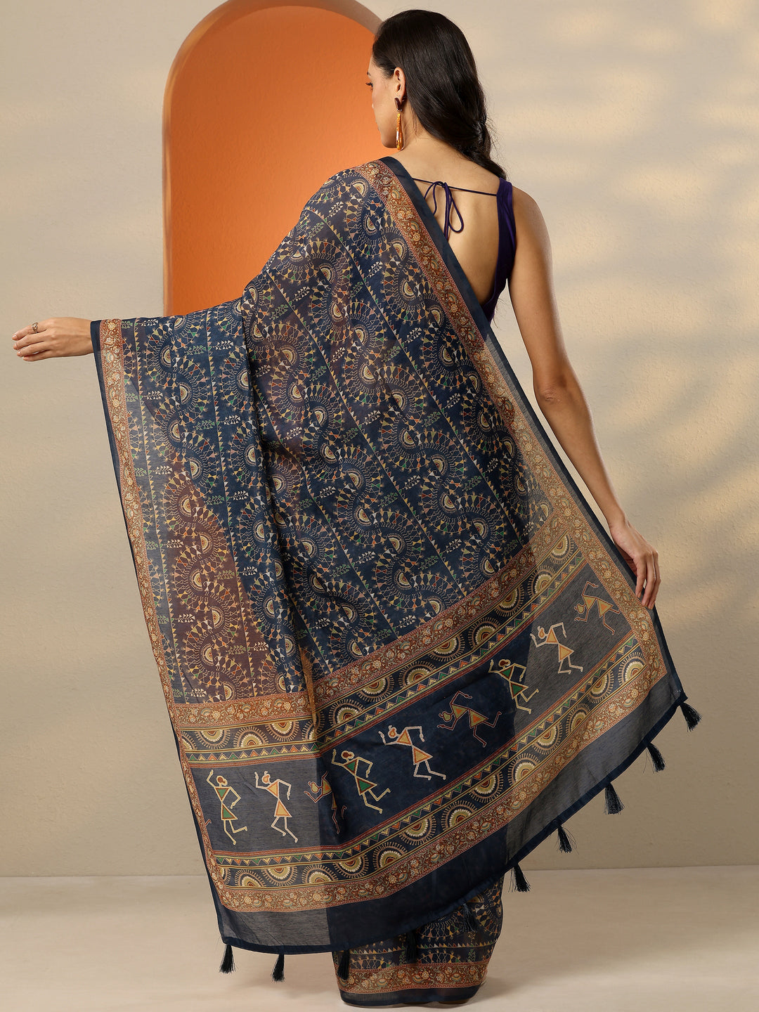  Navy Blue Printed Silk Blend Saree With Unstitched Blouse Piece 