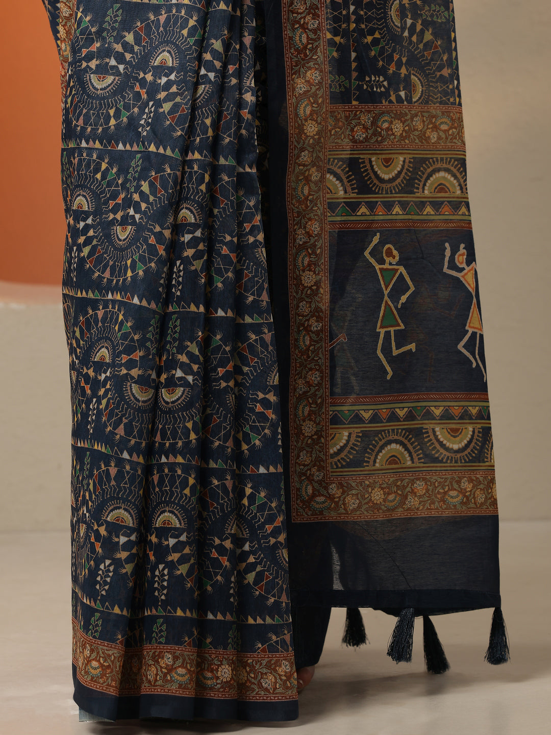  Navy Blue Printed Silk Blend Saree With Unstitched Blouse Piece 