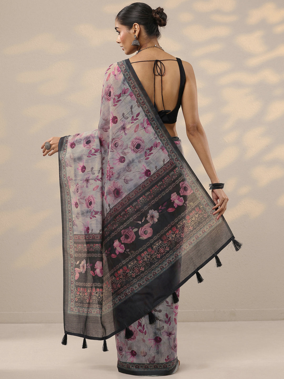  Grey Printed Silk Blend Saree With Unstitched Blouse Piece 
