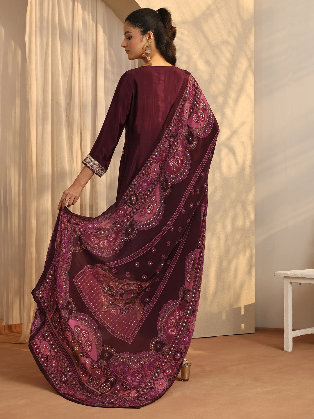  Libas Art Maroon Embroidered Crepe A-Line Suit Set With Dupatta 