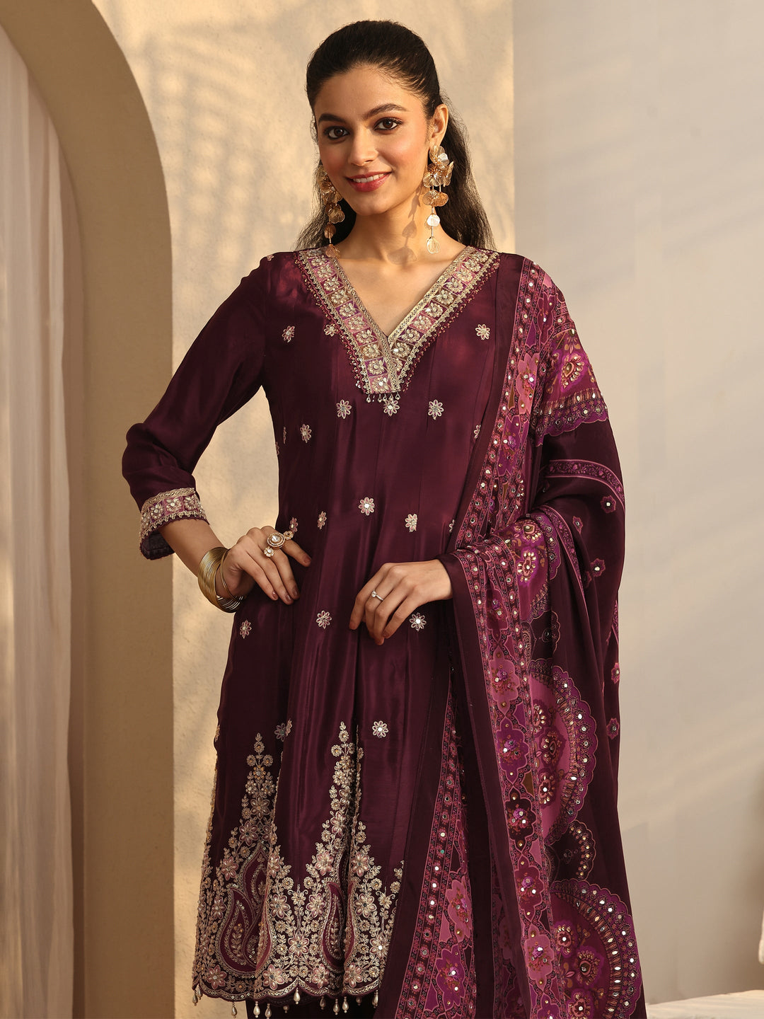  Libas Art Maroon Embroidered Crepe A-Line Suit Set With Dupatta 
