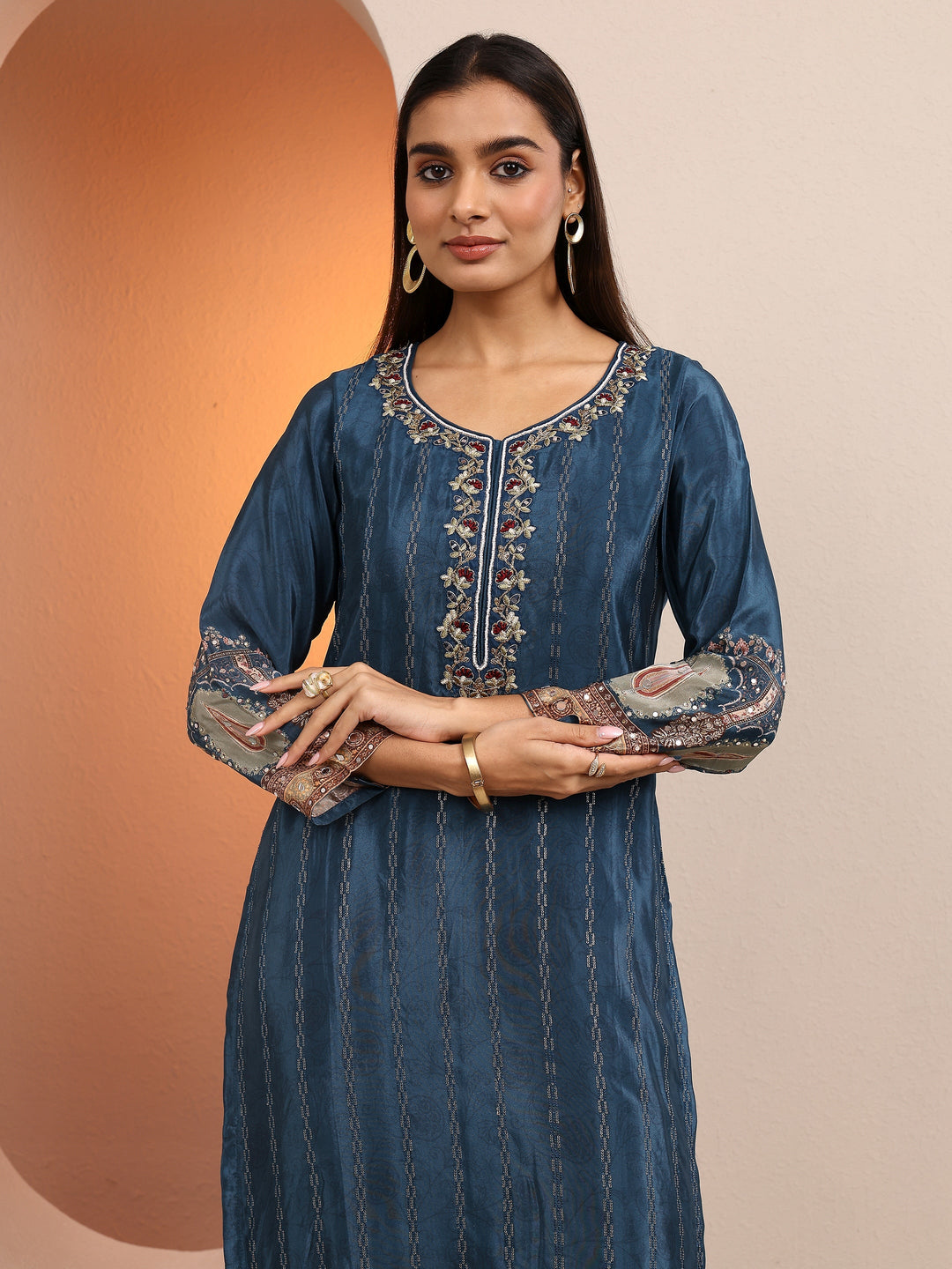  Libas Art Teal Embroidered Crepe Straight Suit Set With Dupatta 