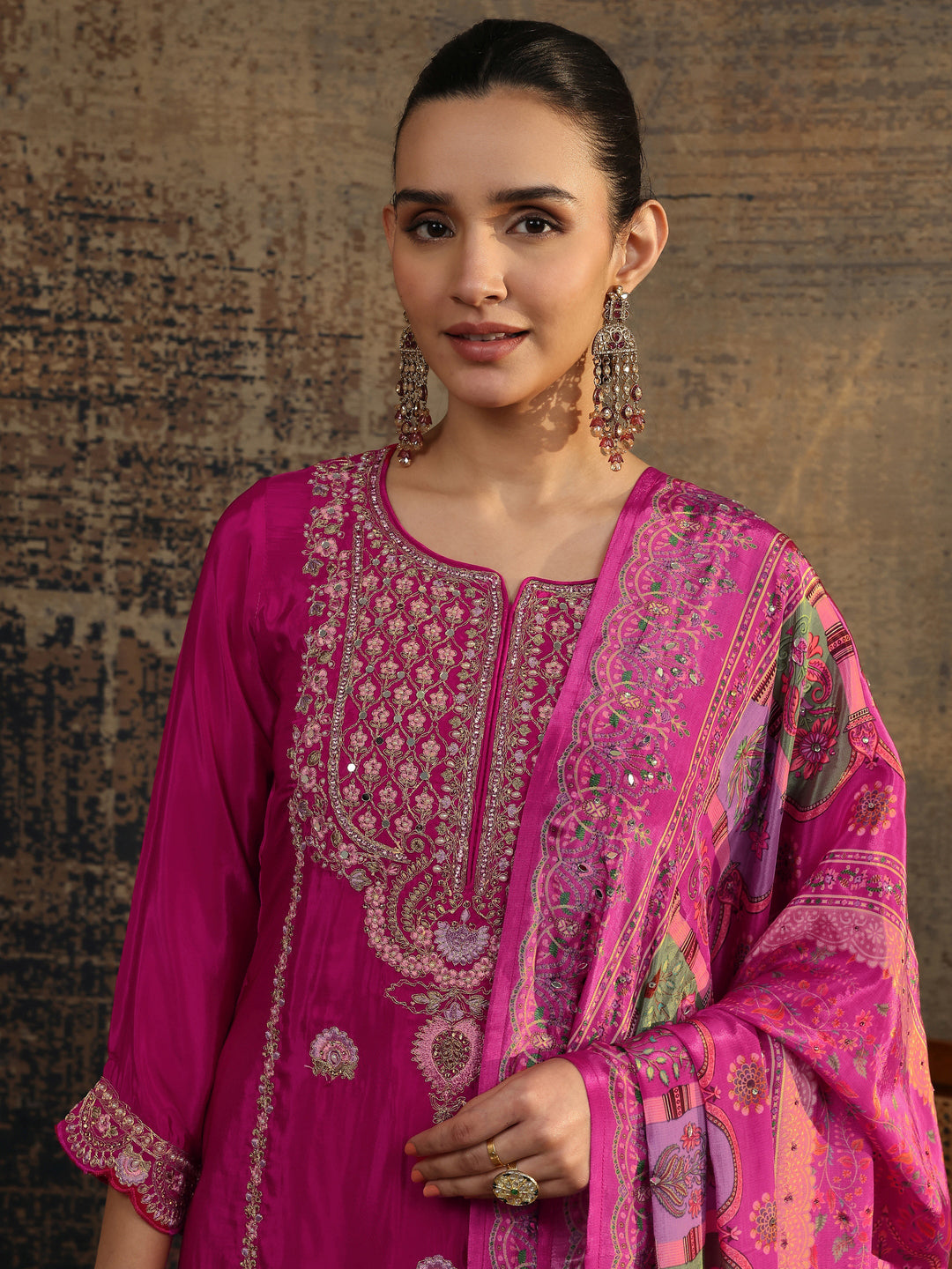  Libas Art Pink Embroidered Crepe Straight Suit Set With Dupatta 