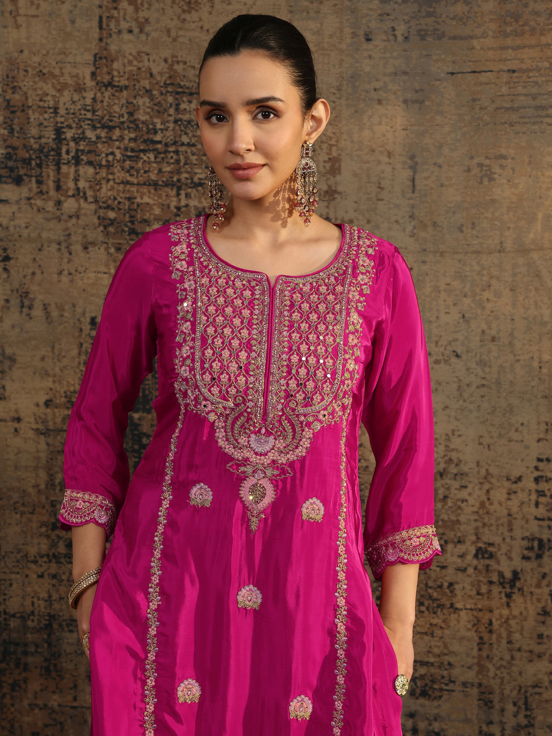  Libas Art Pink Embroidered Crepe Straight Suit Set With Dupatta 
