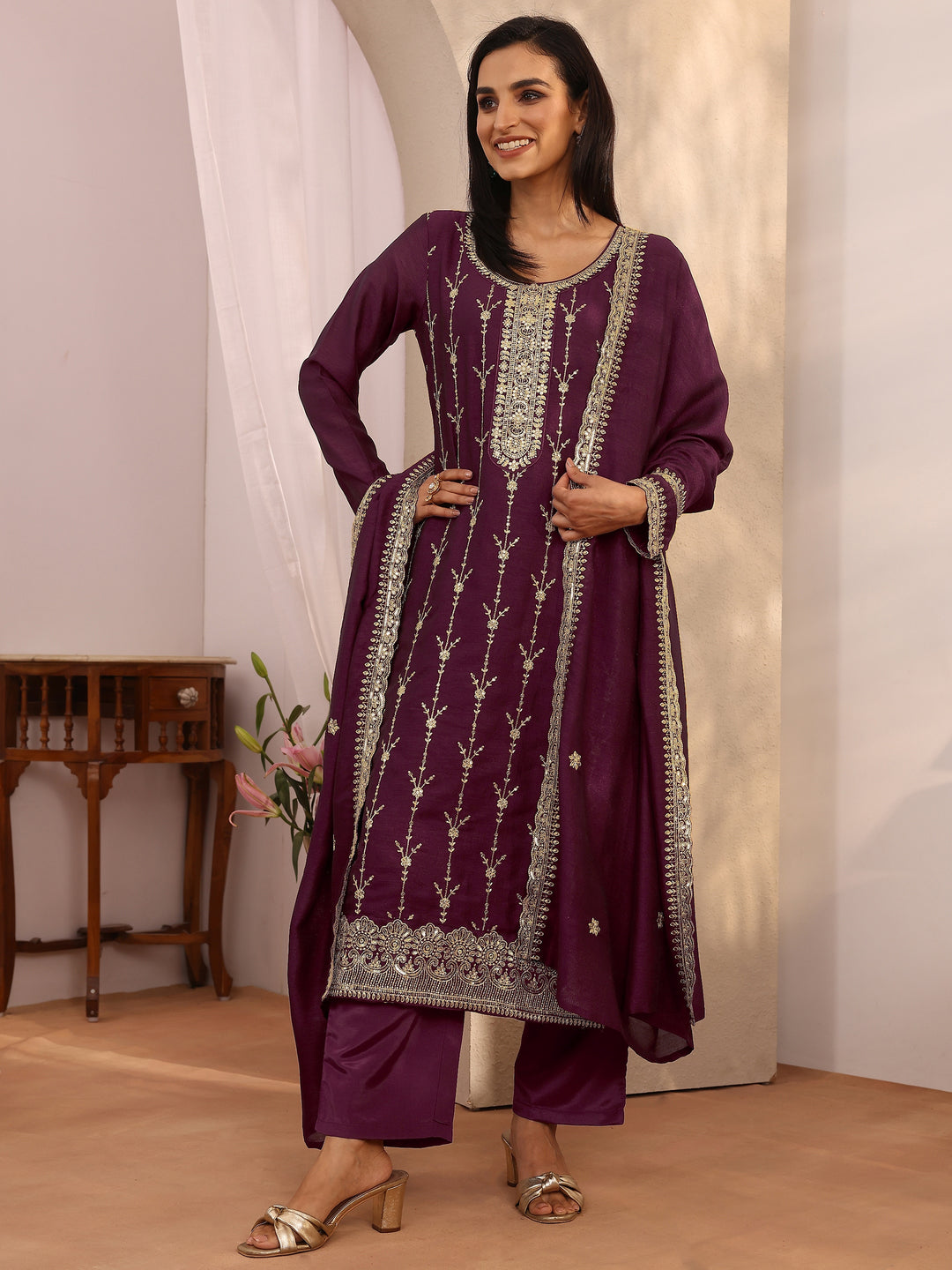  Burgundy Embroidered Silk blend Straight Suit Set With Dupatta 