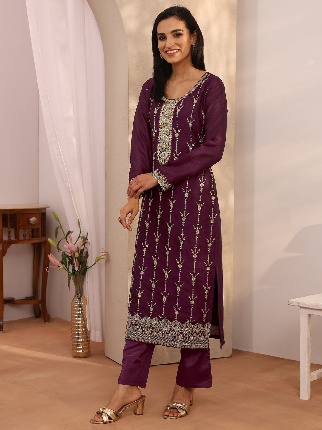  Burgundy Embroidered Silk blend Straight Suit Set With Dupatta 