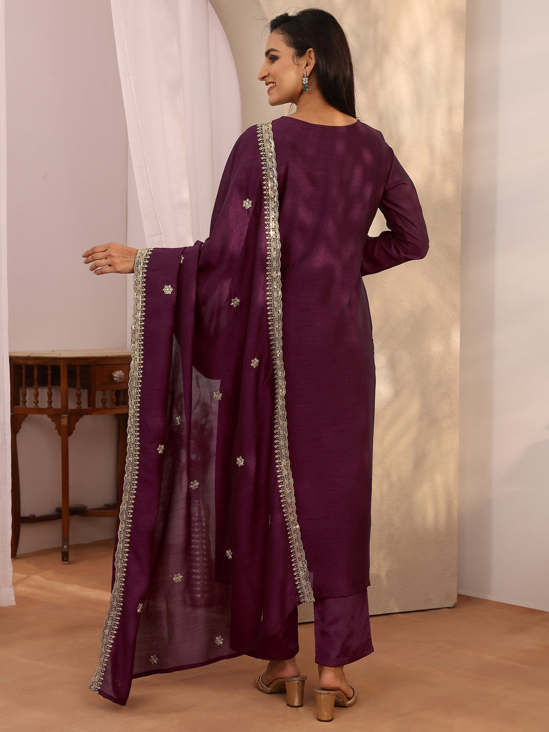  Burgundy Embroidered Silk blend Straight Suit Set With Dupatta 