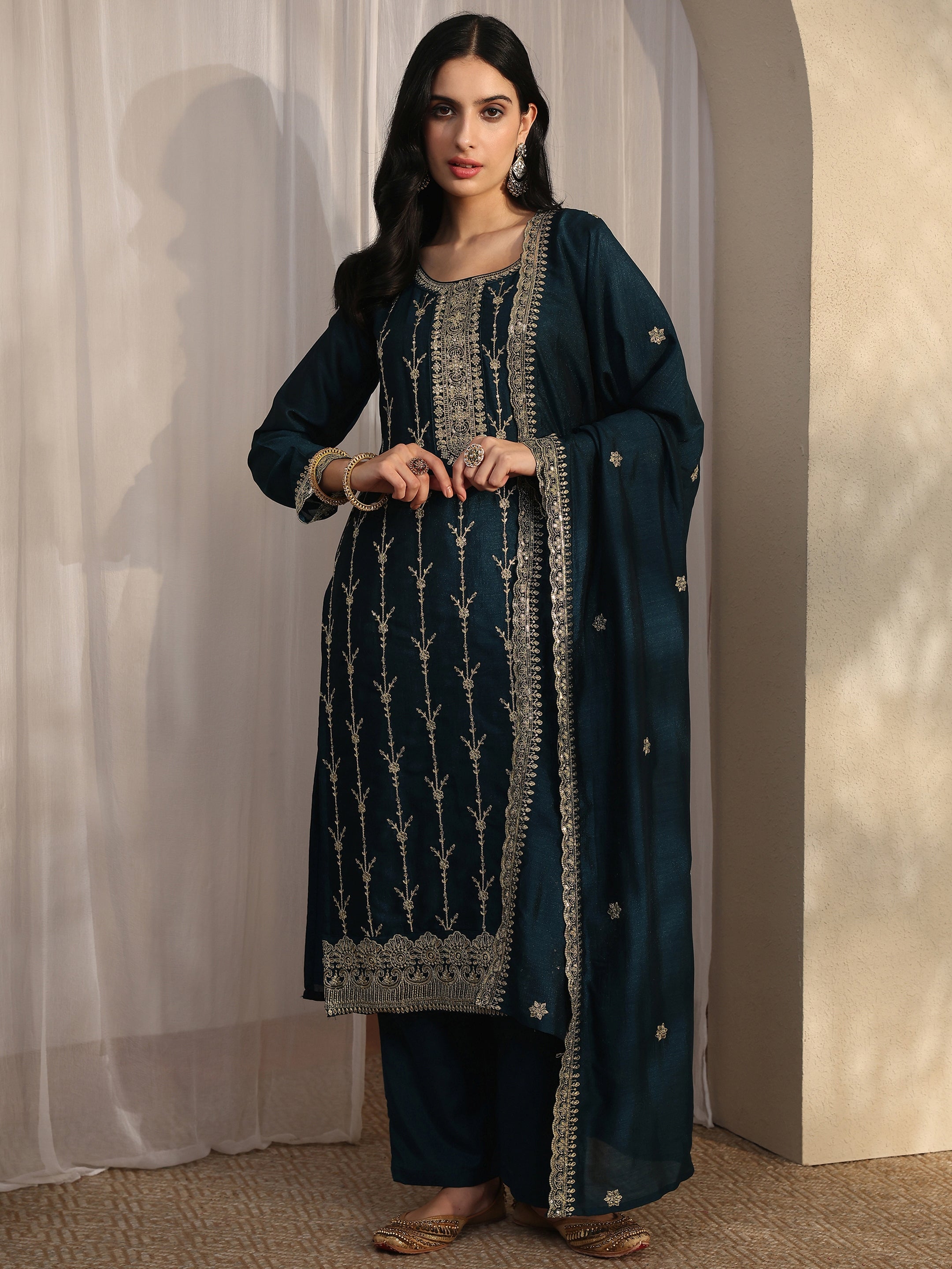 libas Teal Embroidered Silk Blend Straight Suit Set With Dupatta-picture-34