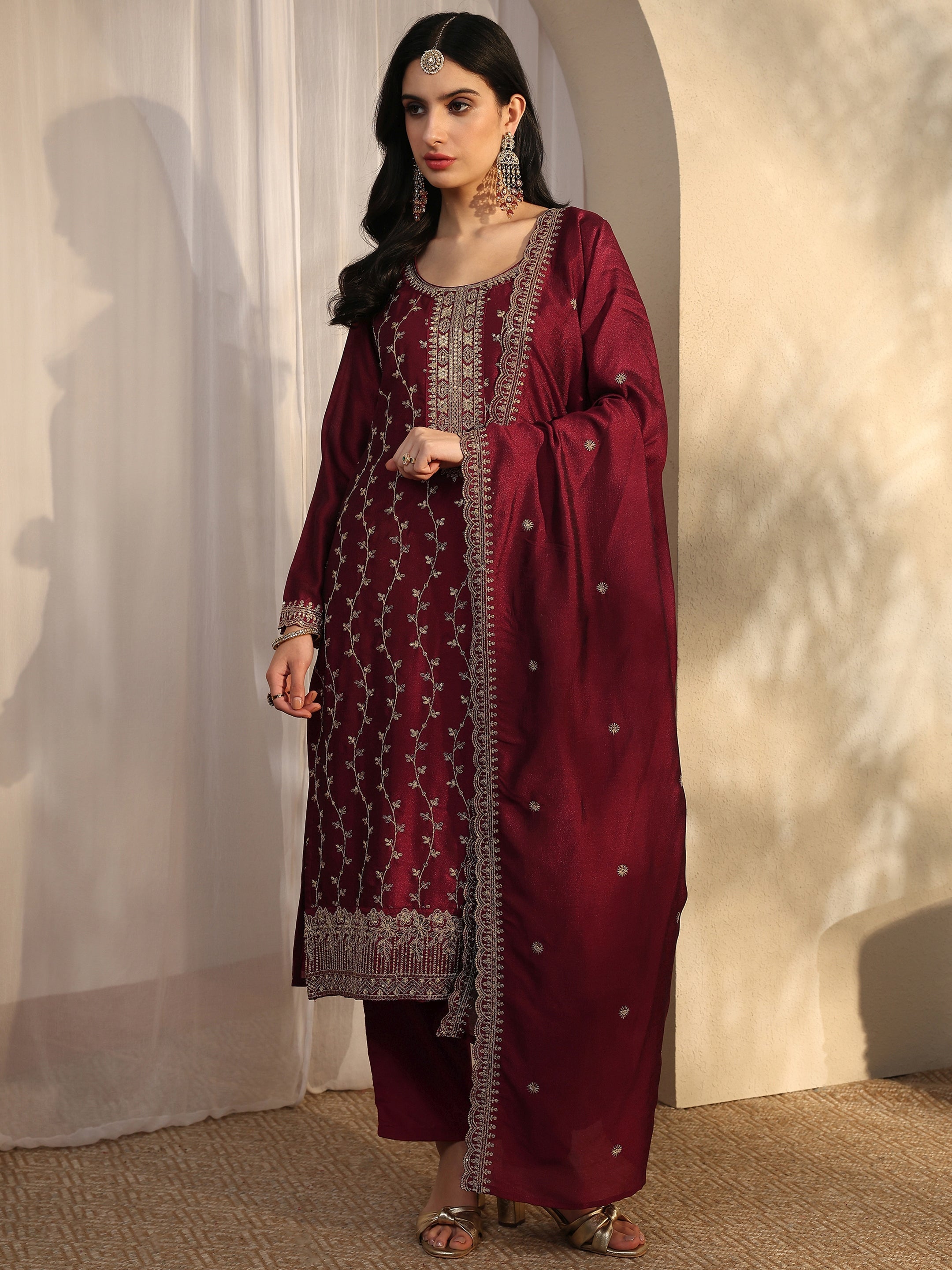 Maroon Embroidered Silk Blend Straight Suit Set With Dupatta-image-40