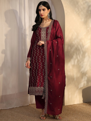 Maroon Embroidered Silk Blend Straight Suit Set With Dupatta