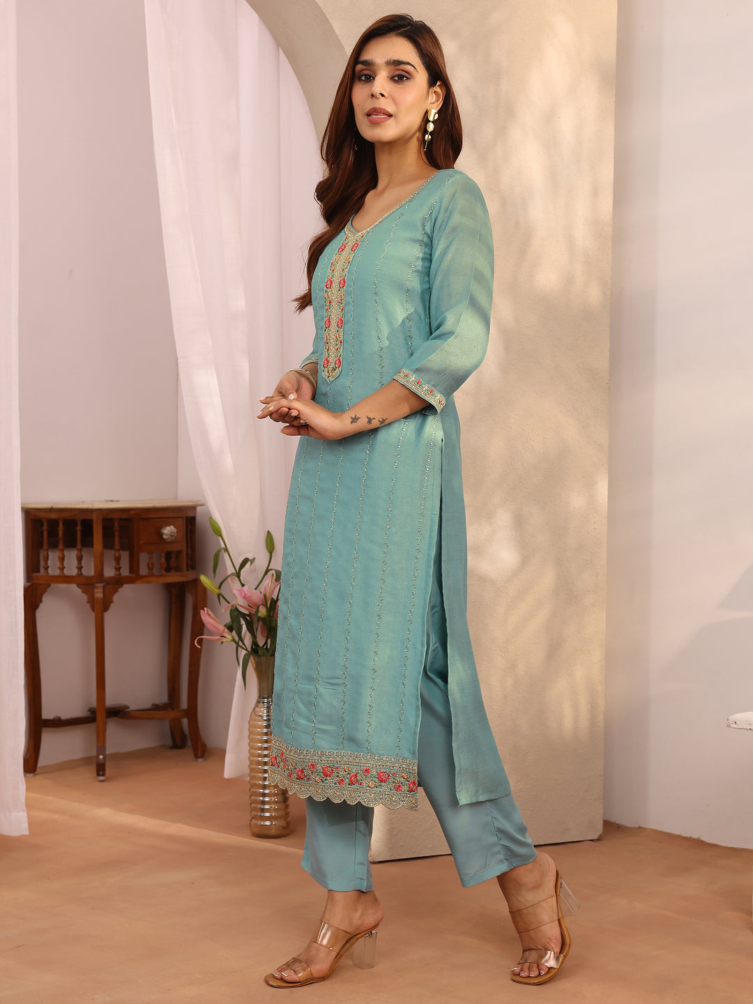  Blue Embroidered Silk Blend Straight Suit Set With Dupatta 