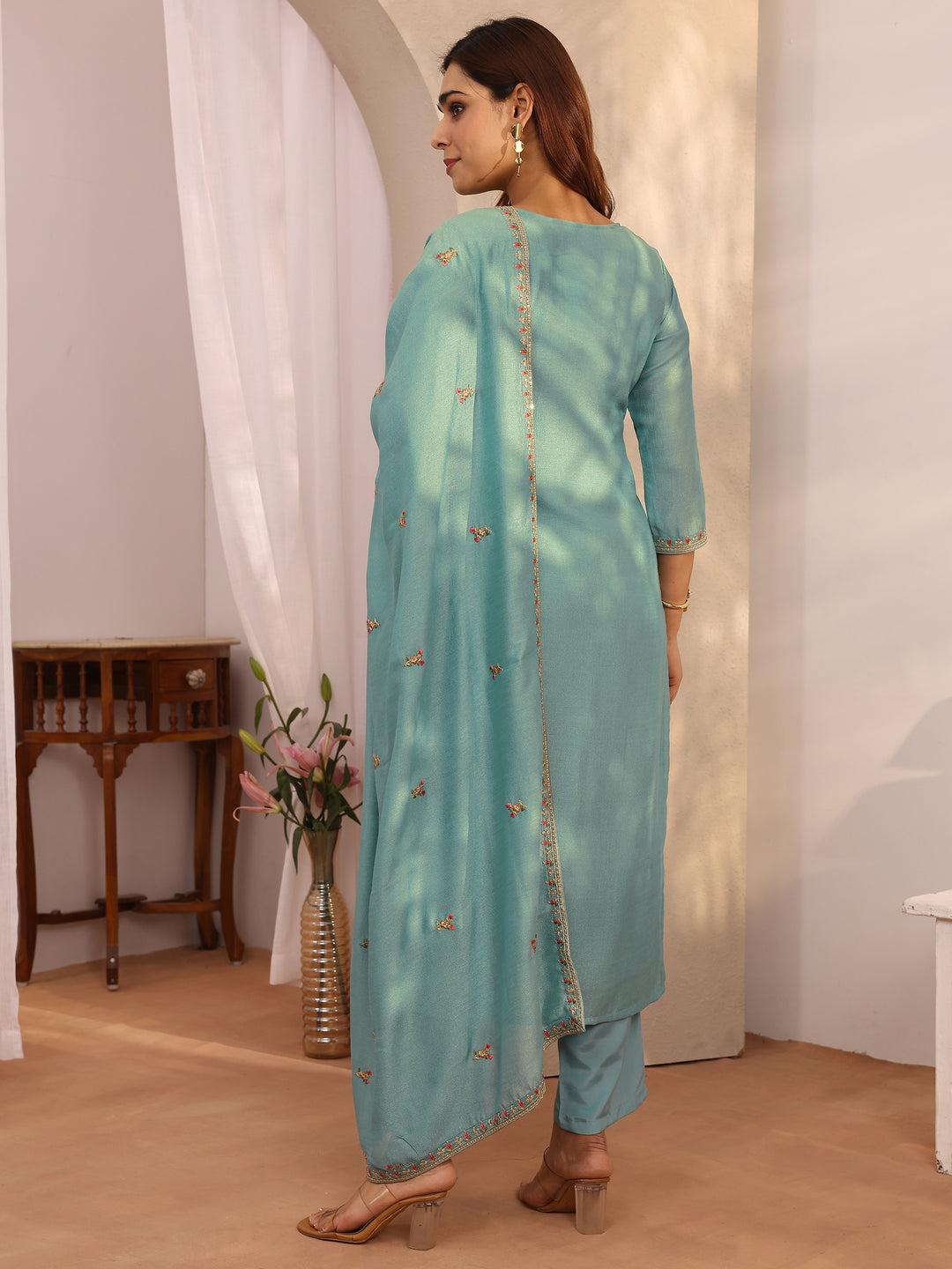  Blue Embroidered Silk Blend Straight Suit Set With Dupatta 