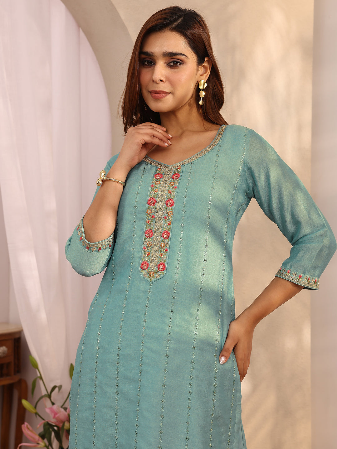  Blue Embroidered Silk Blend Straight Suit Set With Dupatta 