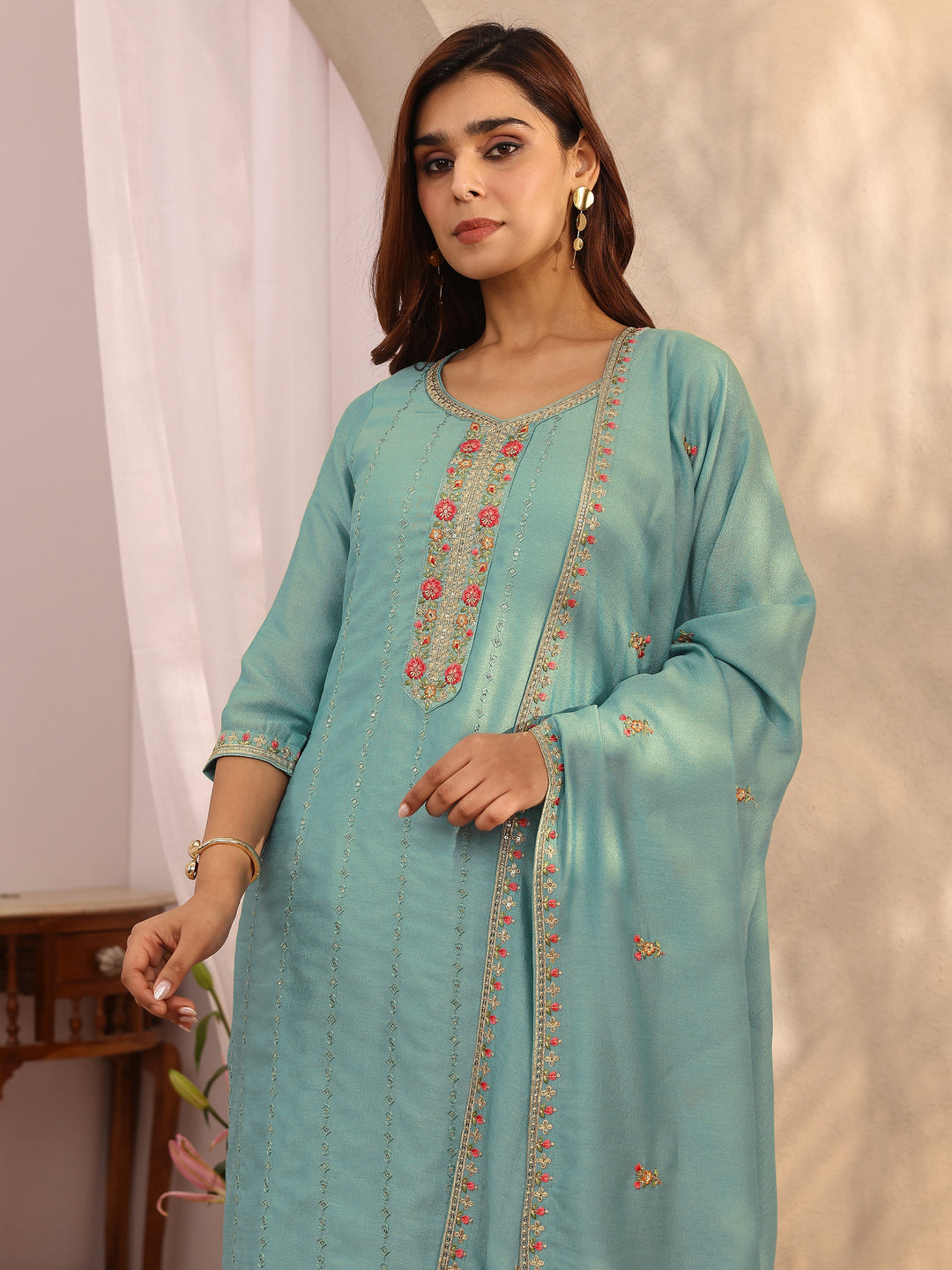  Blue Embroidered Silk Blend Straight Suit Set With Dupatta 