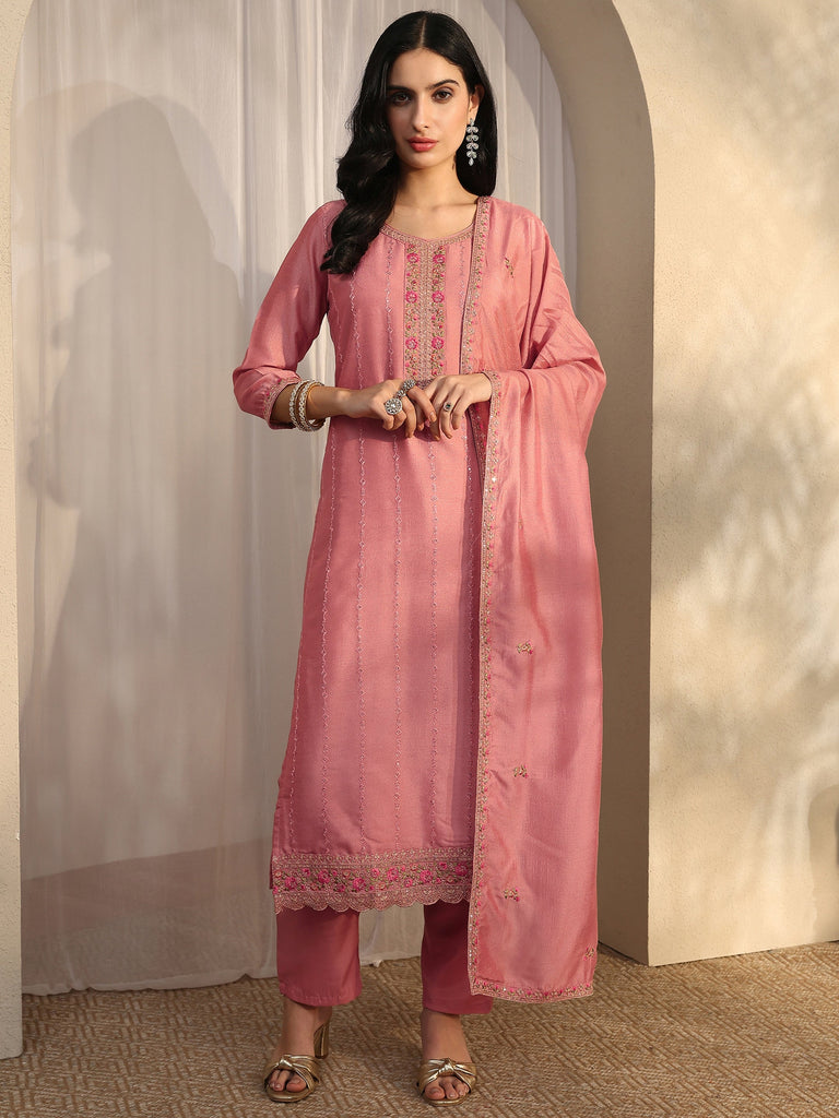 Libas Peach Embroidered Silk Blend Straight Suit Set With Dupatta