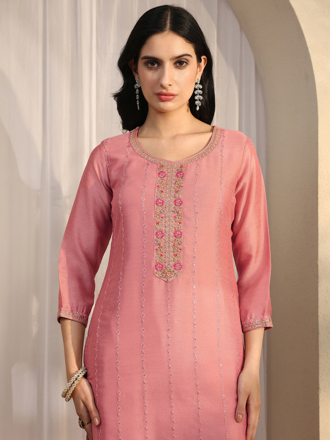  Peach Embroidered Silk Blend Straight Suit Set With Dupatta 
