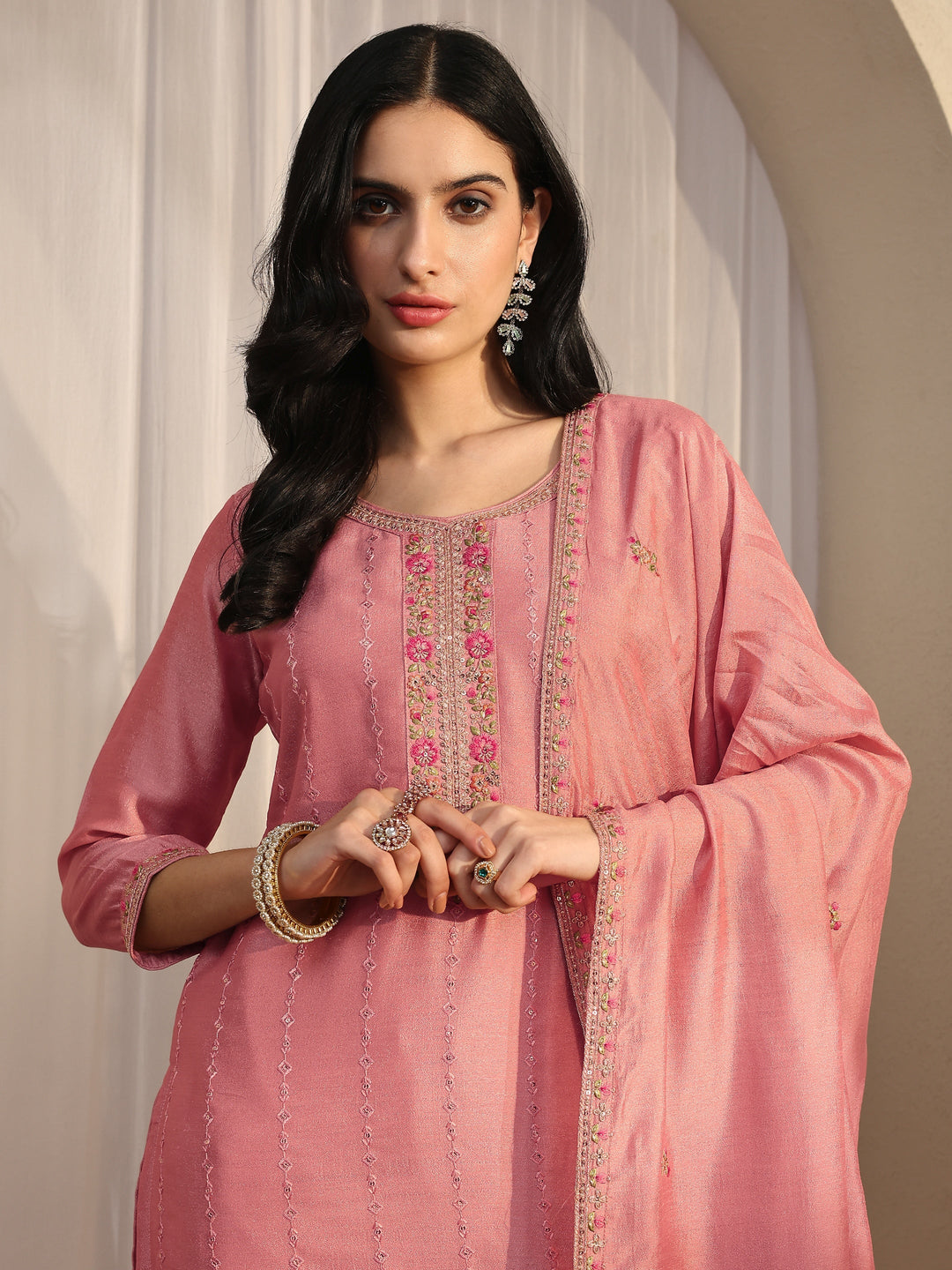  Peach Embroidered Silk Blend Straight Suit Set With Dupatta 
