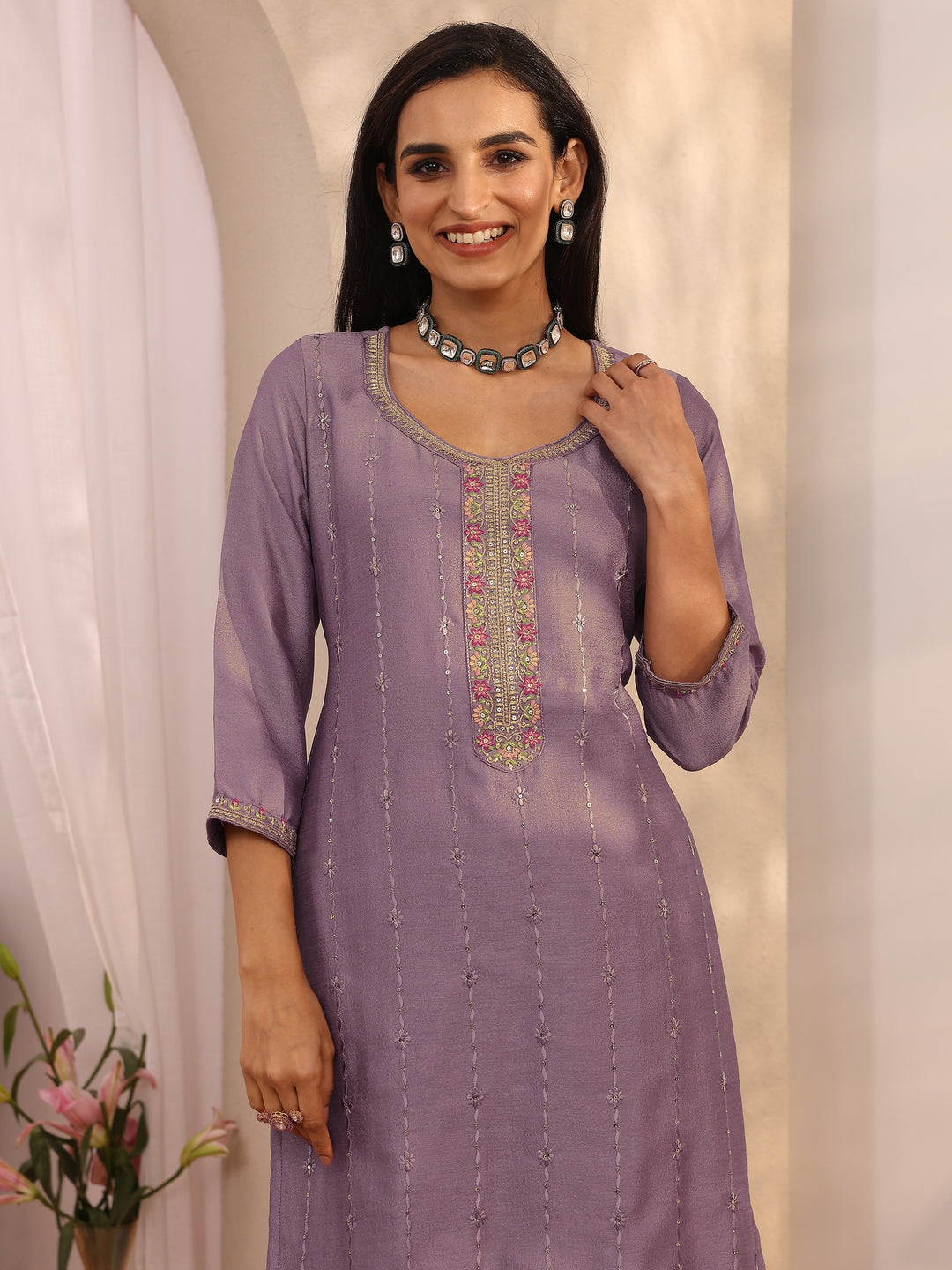  Lavender Embroidered Silk Blend Straight Suit Set With Dupatta 