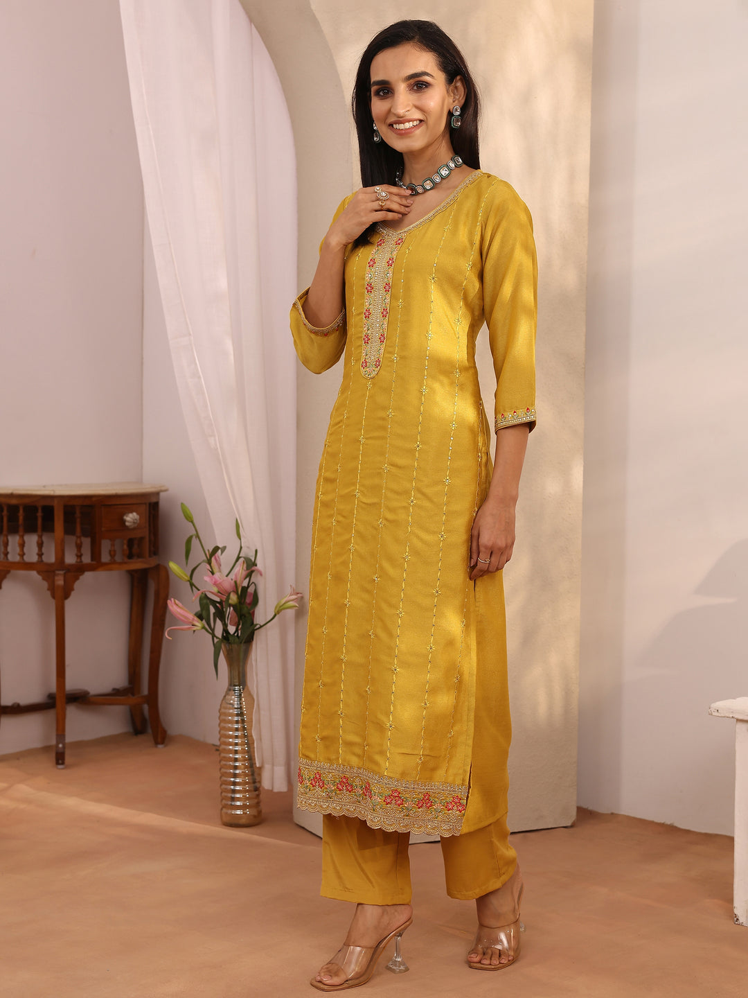  Mustard Embroidered Silk blend Straight Suit Set With Dupatta 