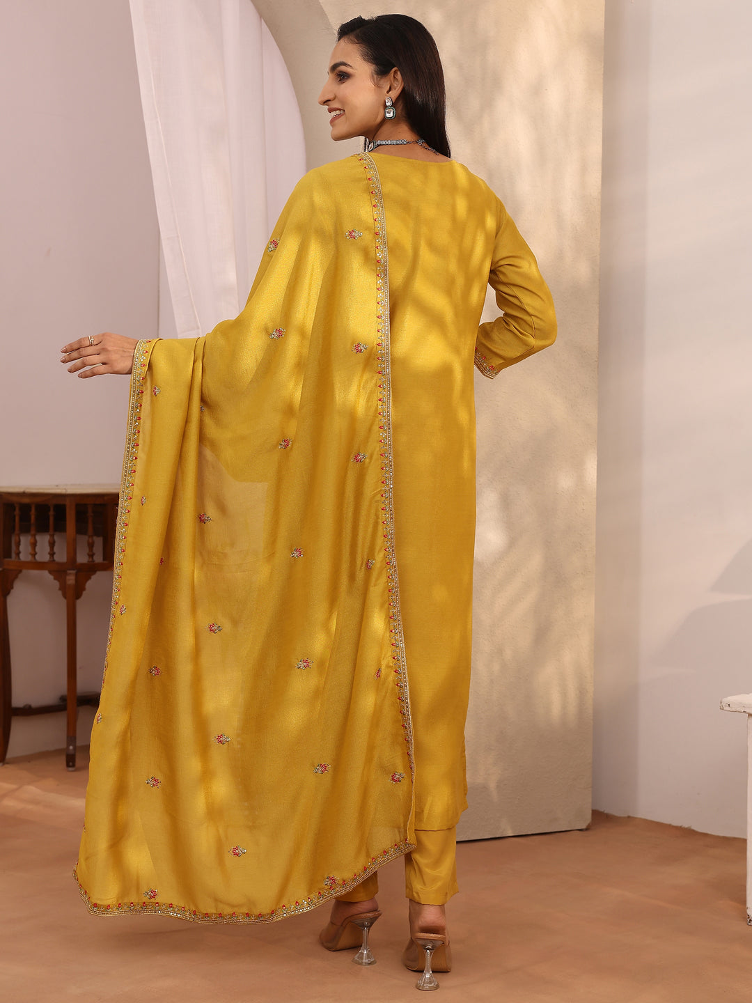  Mustard Embroidered Silk blend Straight Suit Set With Dupatta 