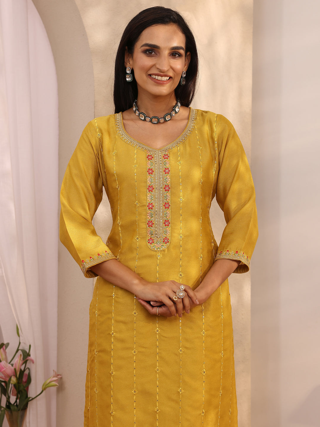  Mustard Embroidered Silk blend Straight Suit Set With Dupatta 