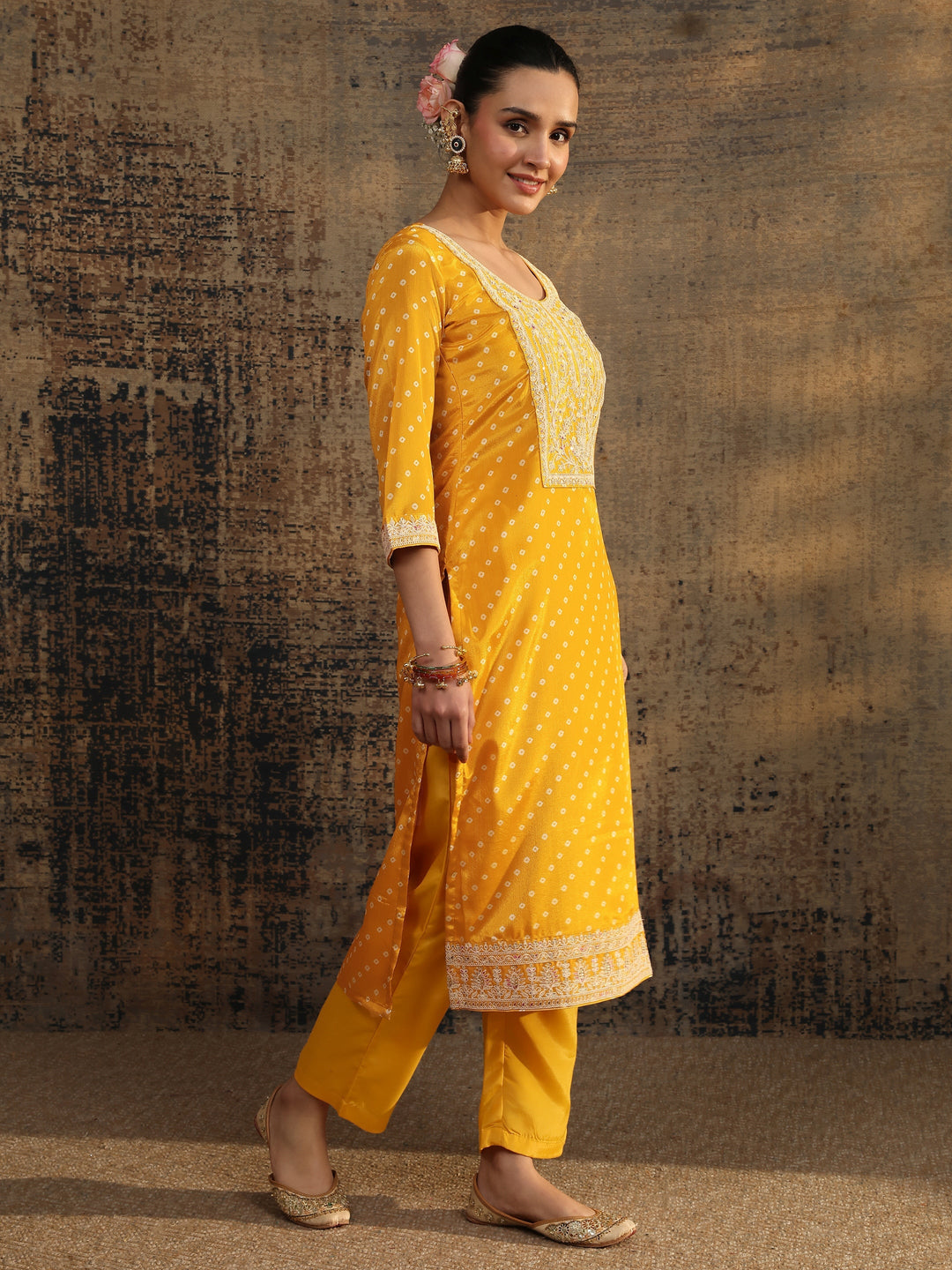  Mustard Bandhani Printed Chinon Straight Suit Set With Dupatta 