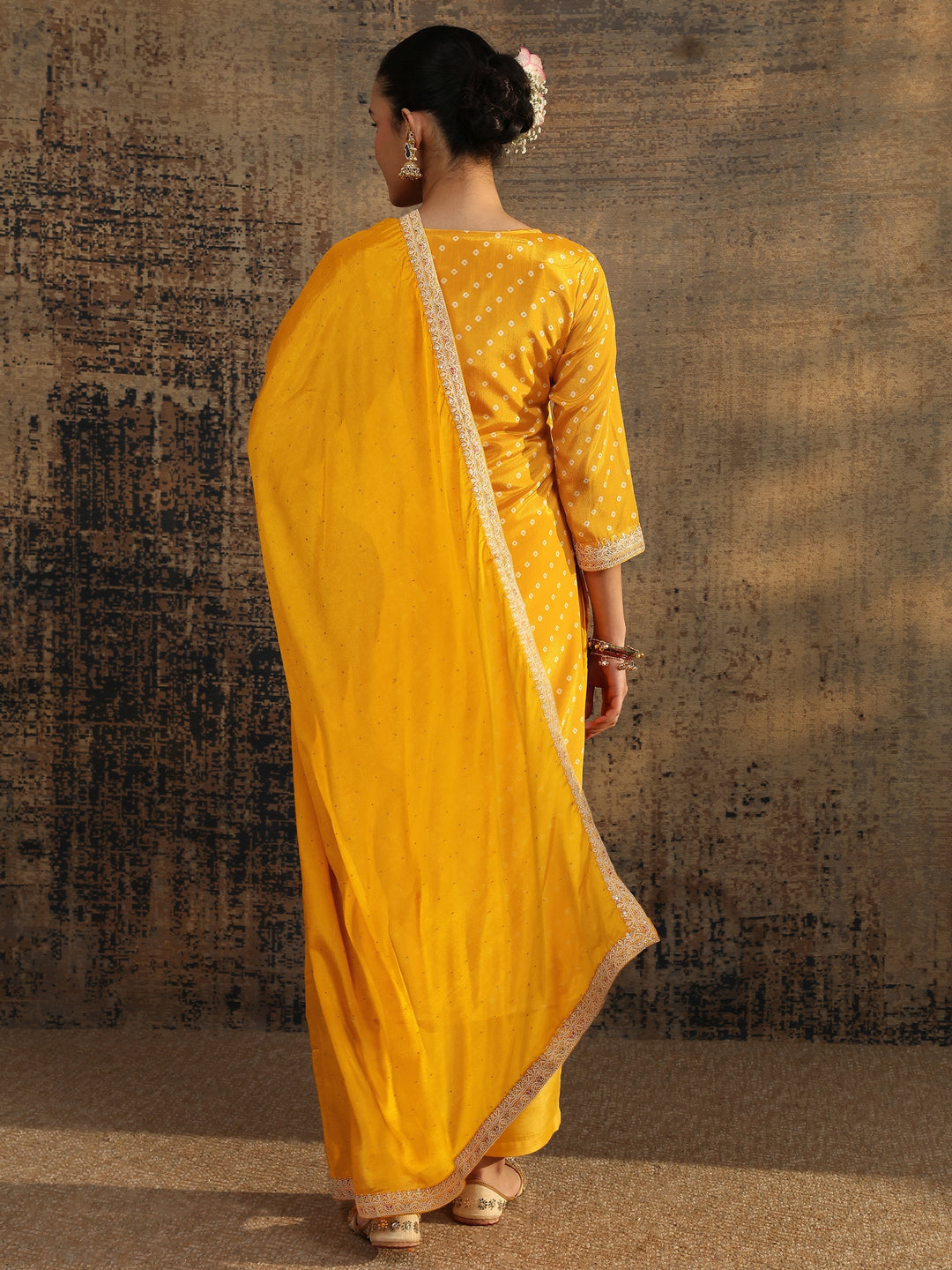  Mustard Bandhani Printed Chinon Straight Suit Set With Dupatta 