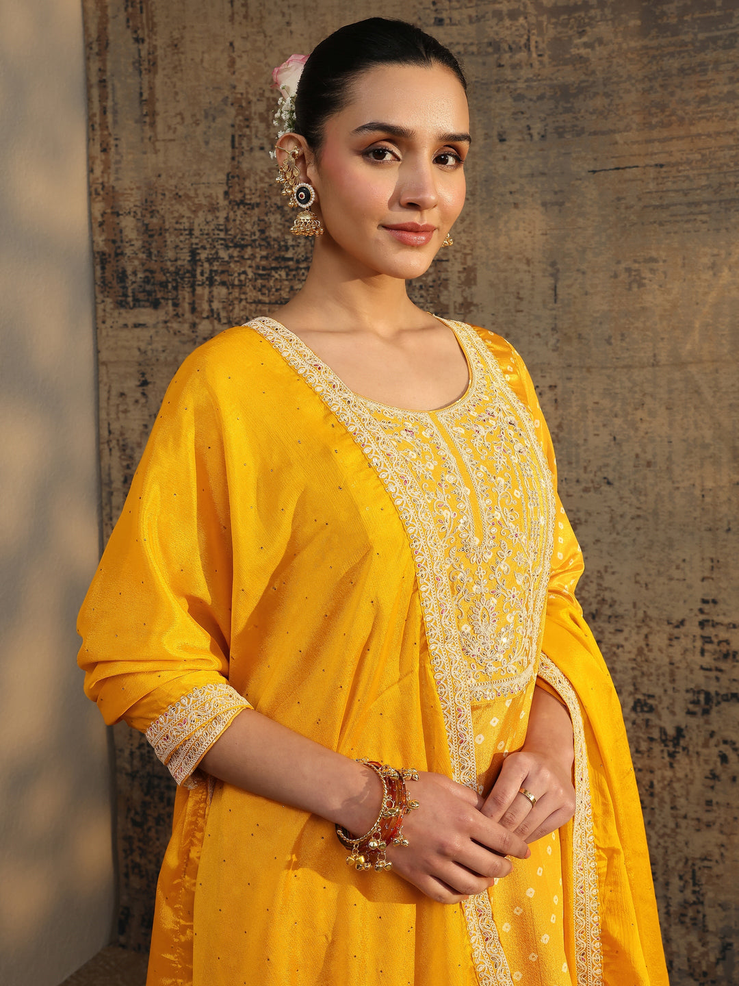  Mustard Bandhani Printed Chinon Straight Suit Set With Dupatta 