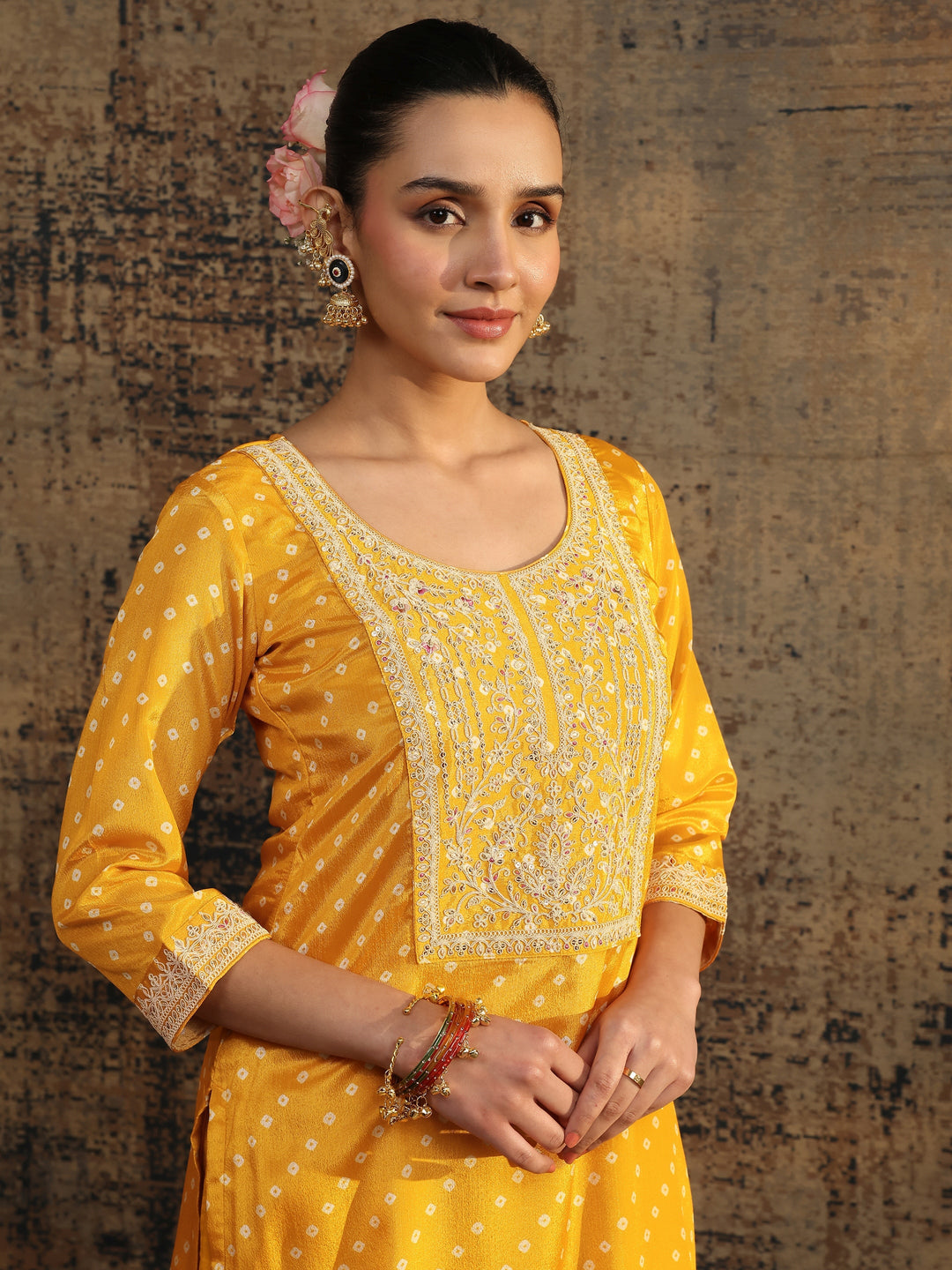  Mustard Bandhani Printed Chinon Straight Suit Set With Dupatta 