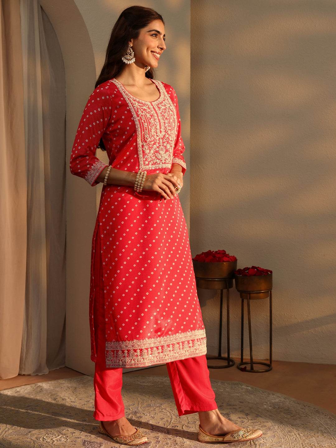  Coral Bandhani Printed Chinon Straight Suit Set With Dupatta 