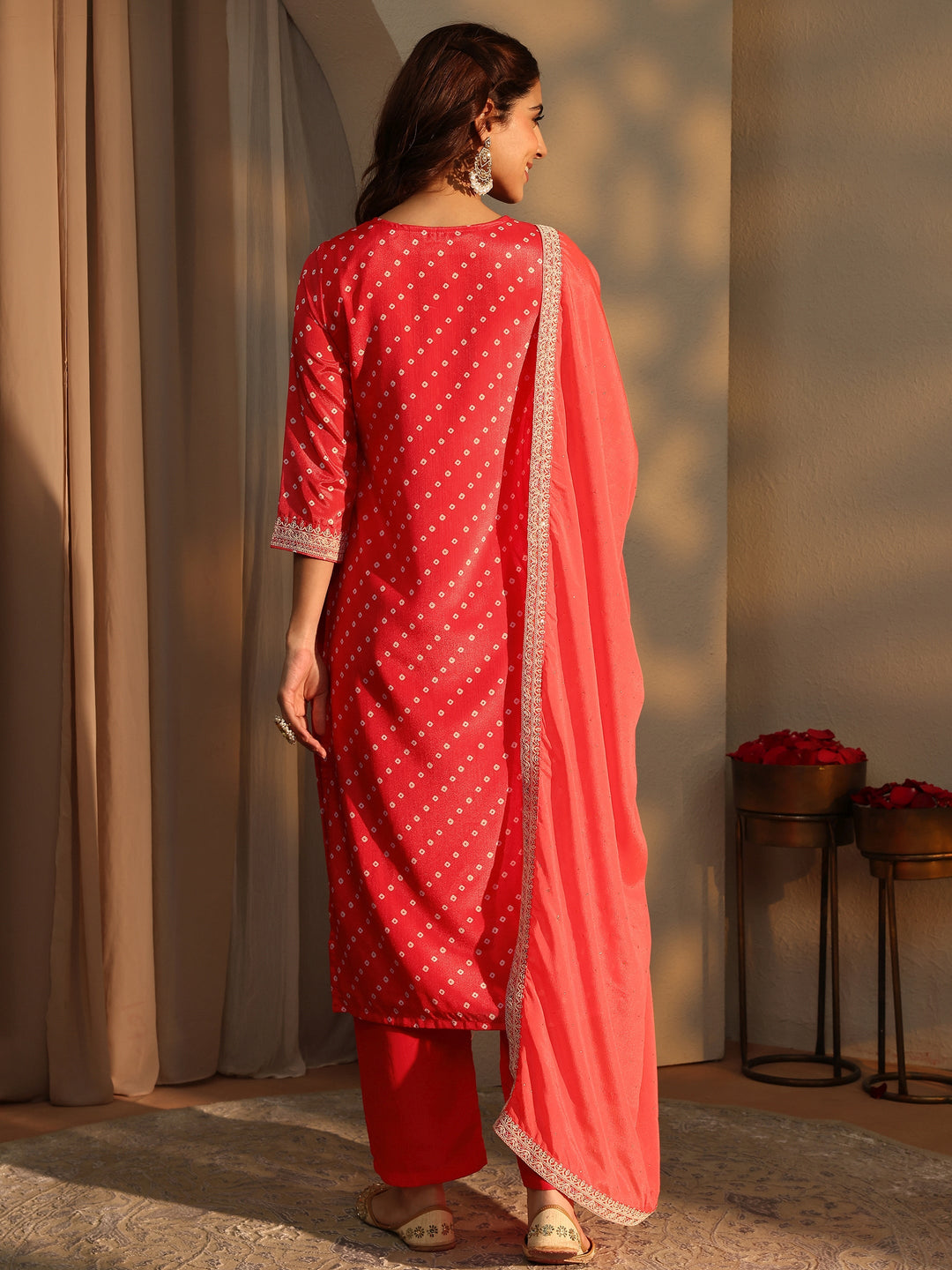  Coral Bandhani Printed Chinon Straight Suit Set With Dupatta 