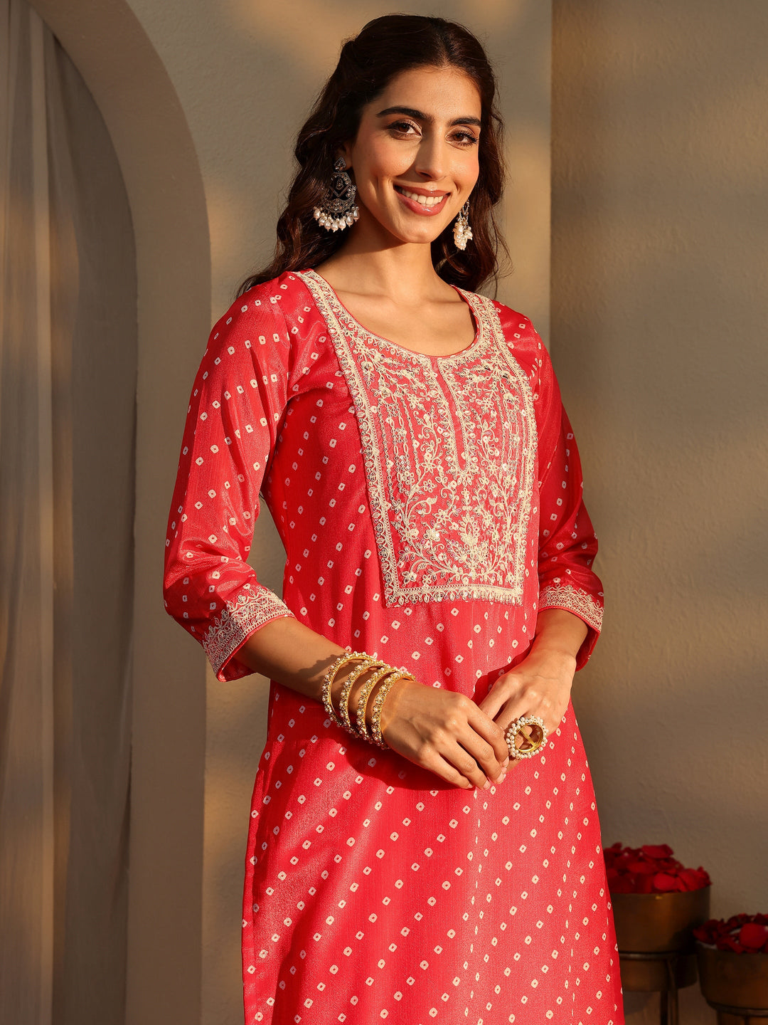  Coral Bandhani Printed Chinon Straight Suit Set With Dupatta 