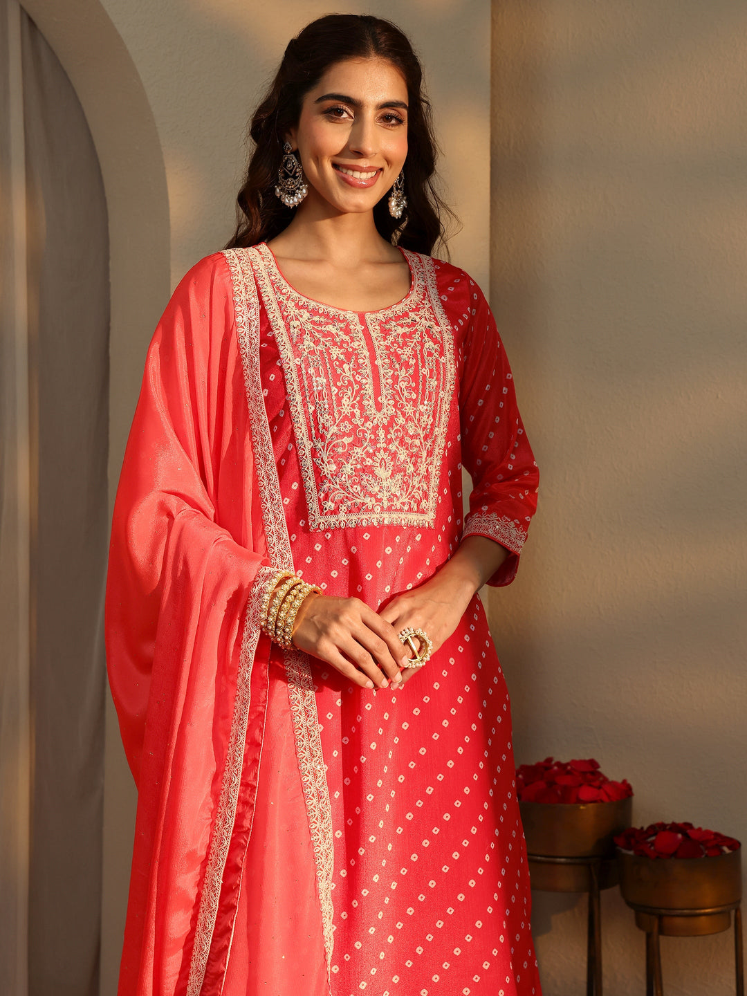  Coral Bandhani Printed Chinon Straight Suit Set With Dupatta 