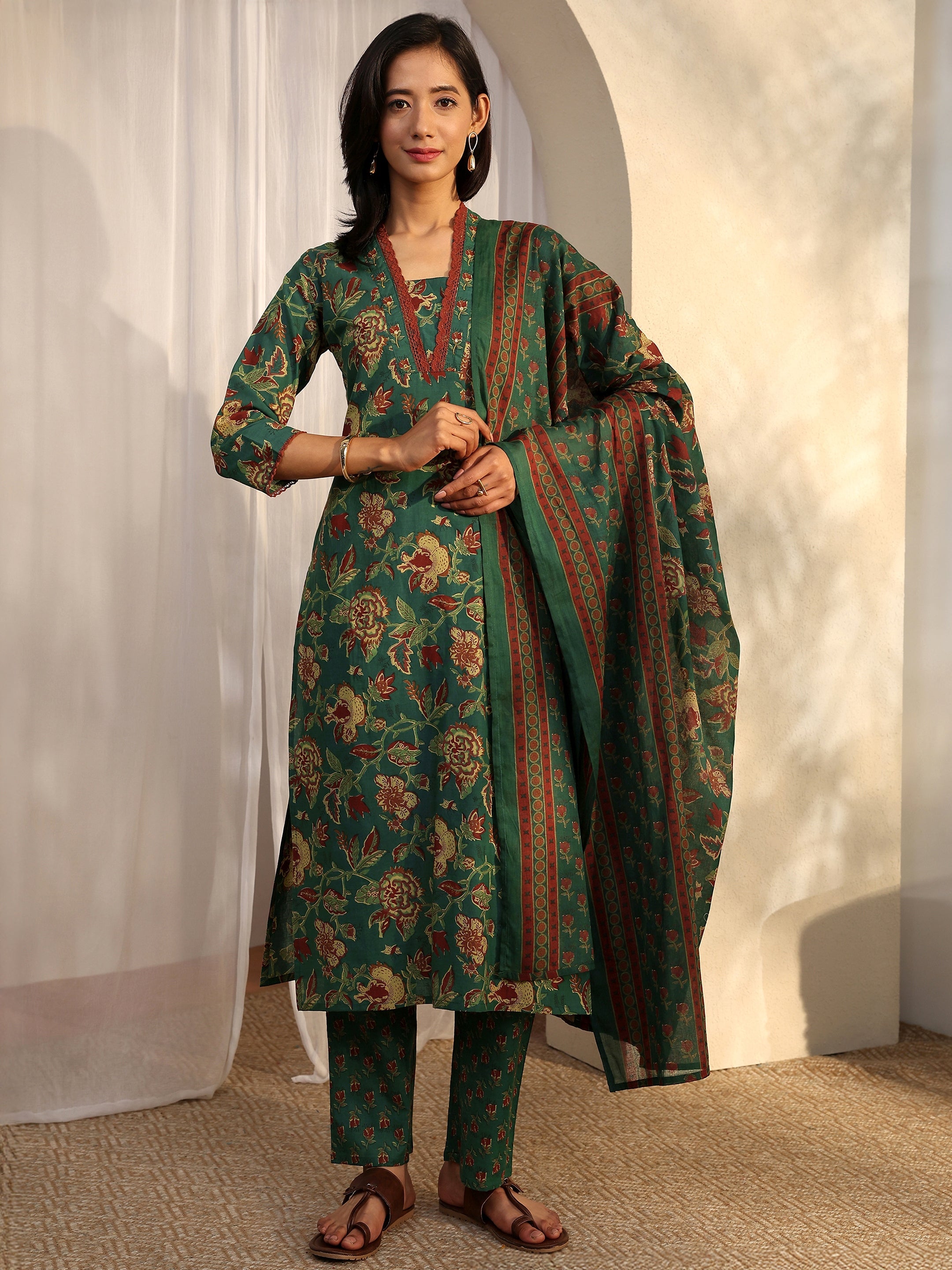 libas Green Printed Cotton Straight Suit Set With Dupatta-picture-22