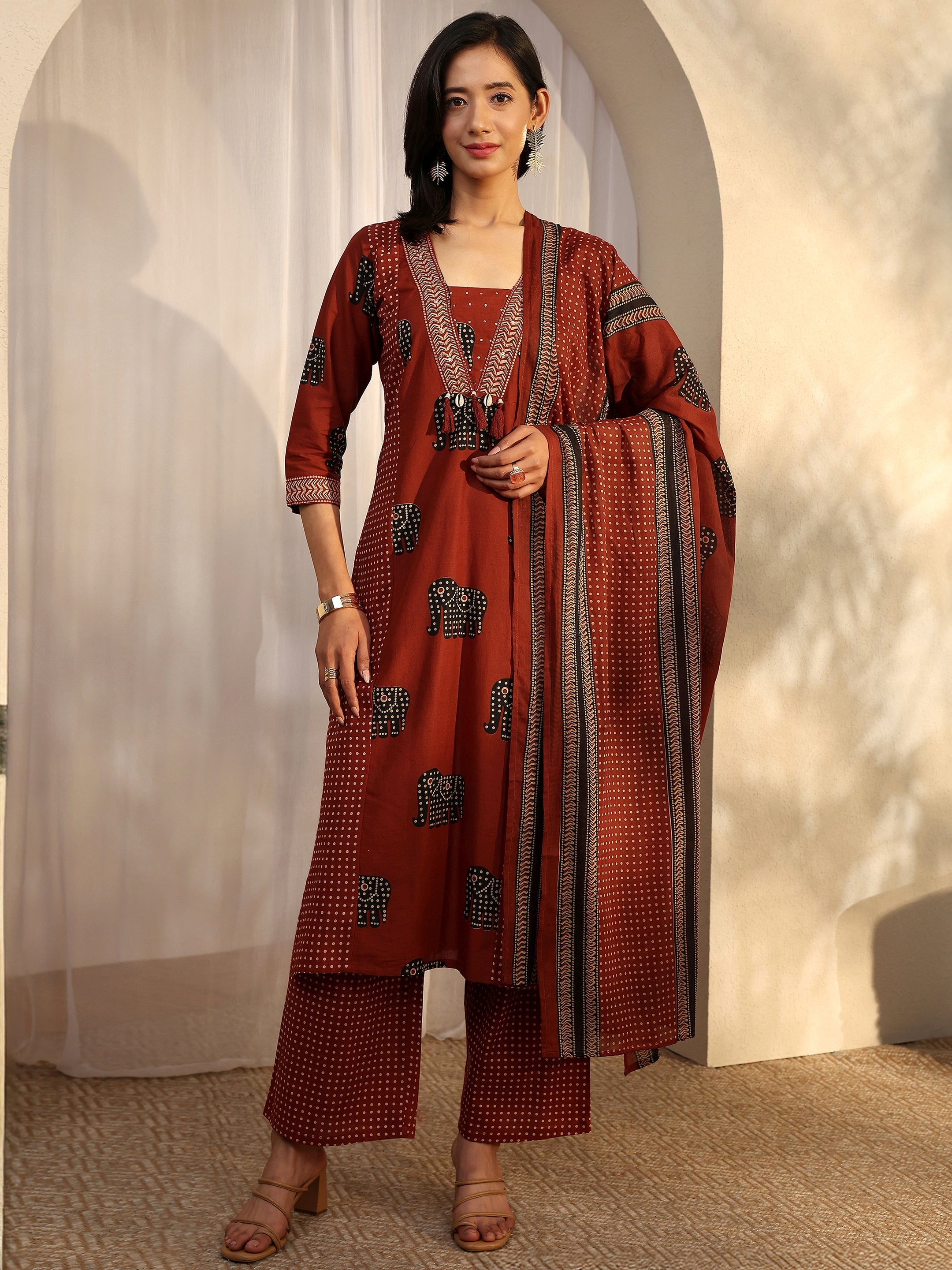 libas Red Tribal Printed Cotton Straight Suit Set With Dupatta-picture-36