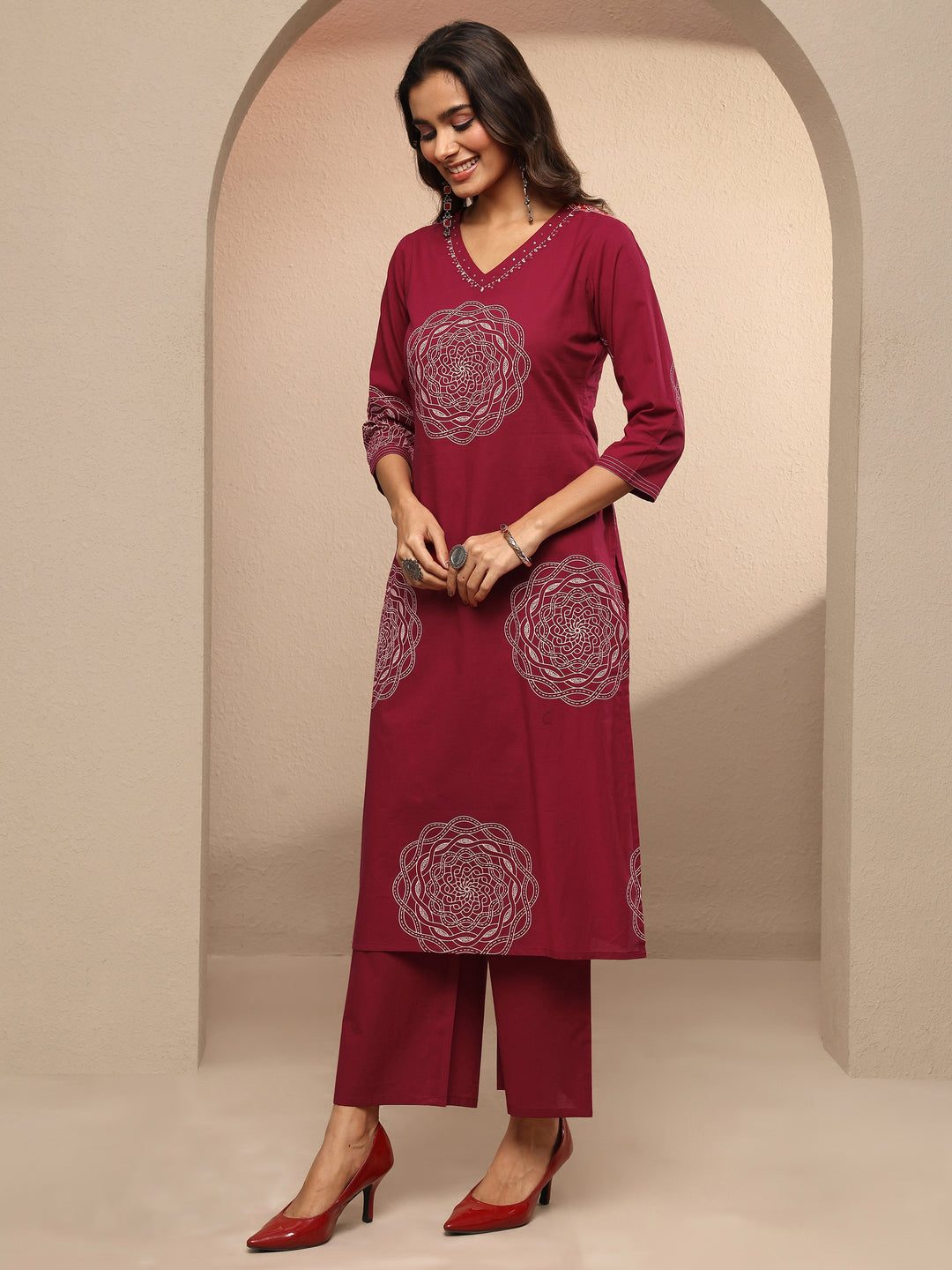  Red Printed Cotton Straight Suit Set With Dupatta 